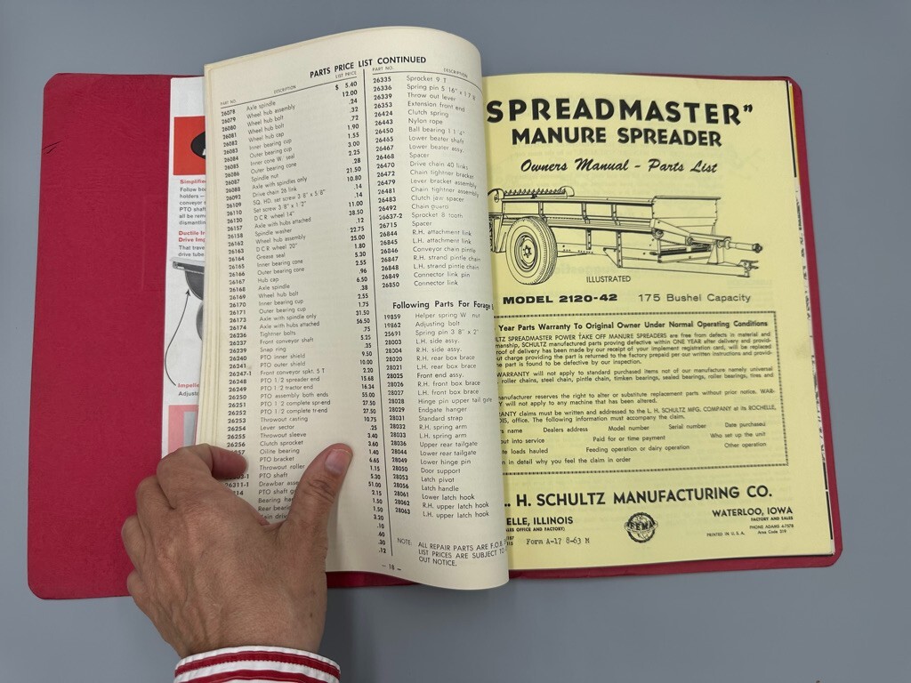 1964 SCHULTZ FARM MACHINERY Sales Manual Parts List