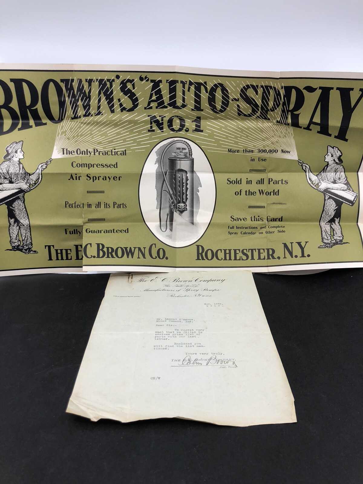Large ADVERTISING POSTER 1913 Rochester, NY-E.C. BROWN Co SPRAY PUMP LETTERHEAD