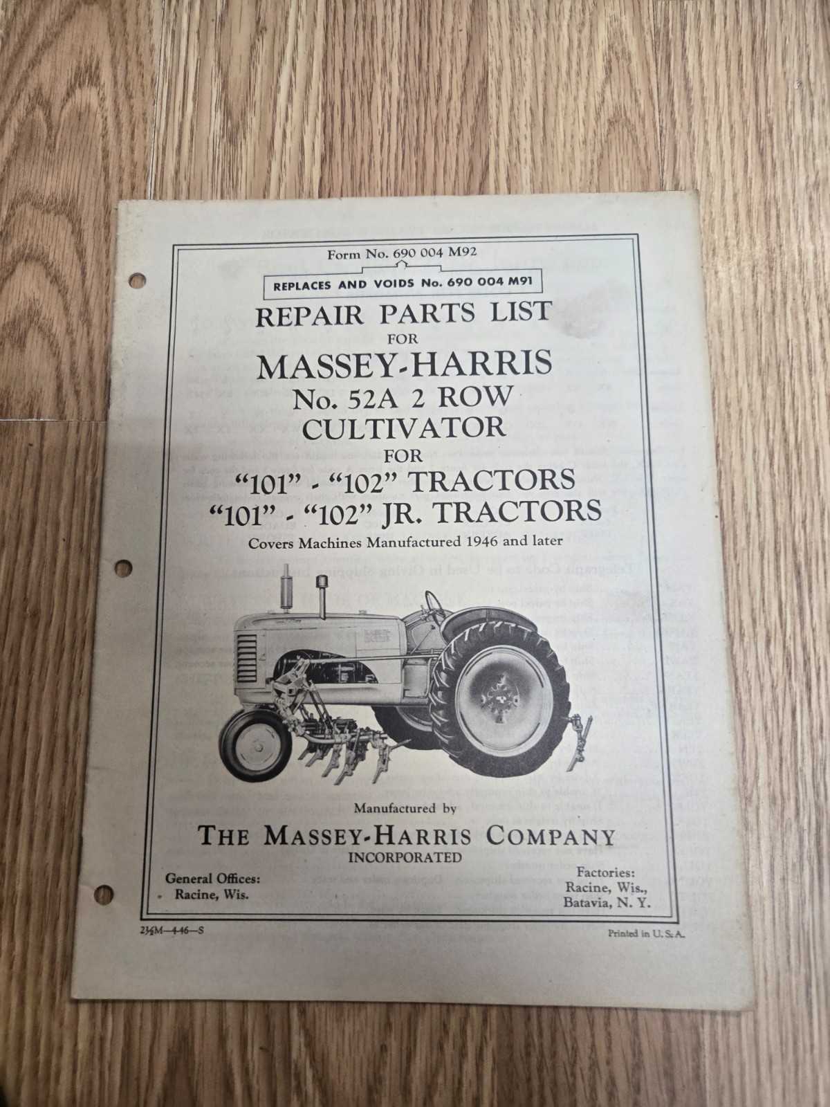 1946 Massey-Harris No. 52A 2 Row Cultivator For Tractors Repair Parts List