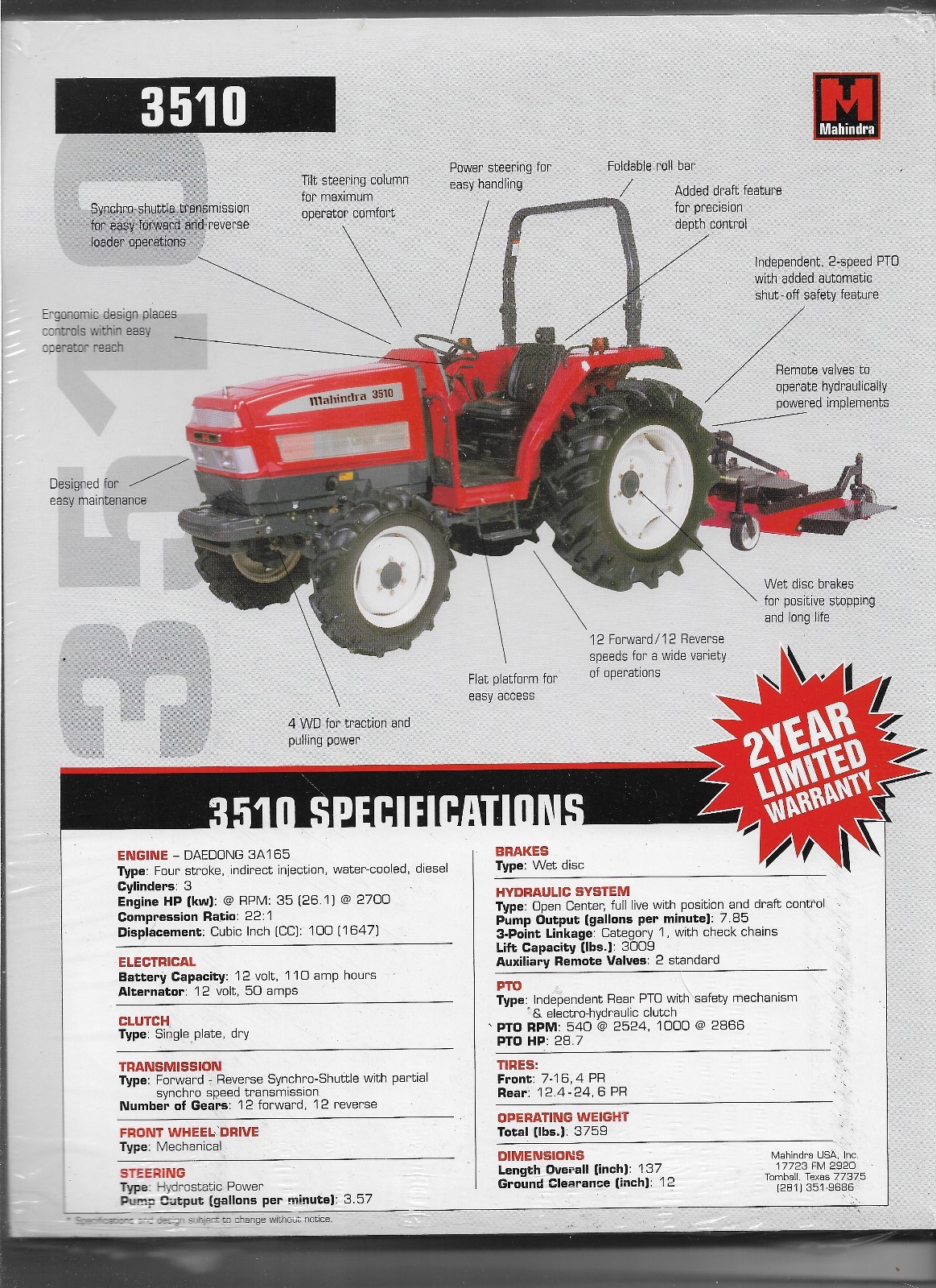 Original OE Mahindra Model 3510 Tractor Sales Brochure Spec Specifications Sheet
