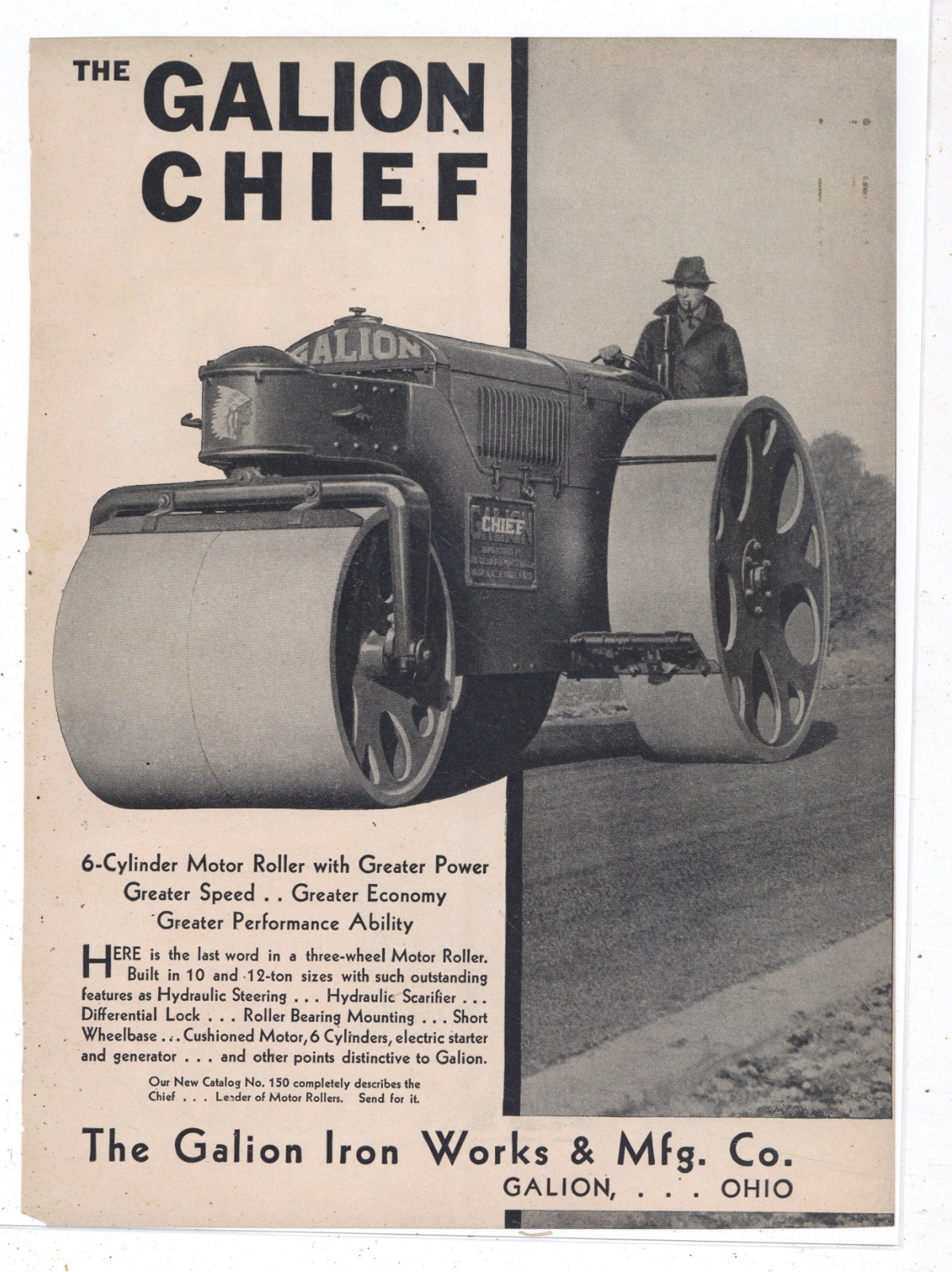 1933 Galion Iron Works of Galion, OhiO Ad: CHIEF Motor Roller, 10 & 12 Ton