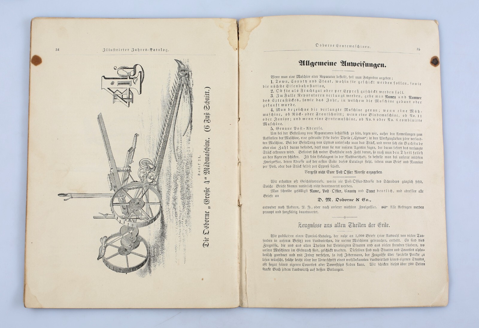 1888 D.M. Osbourne & Co. Harvesting Machinery Catalog In German Auburn NY Horse