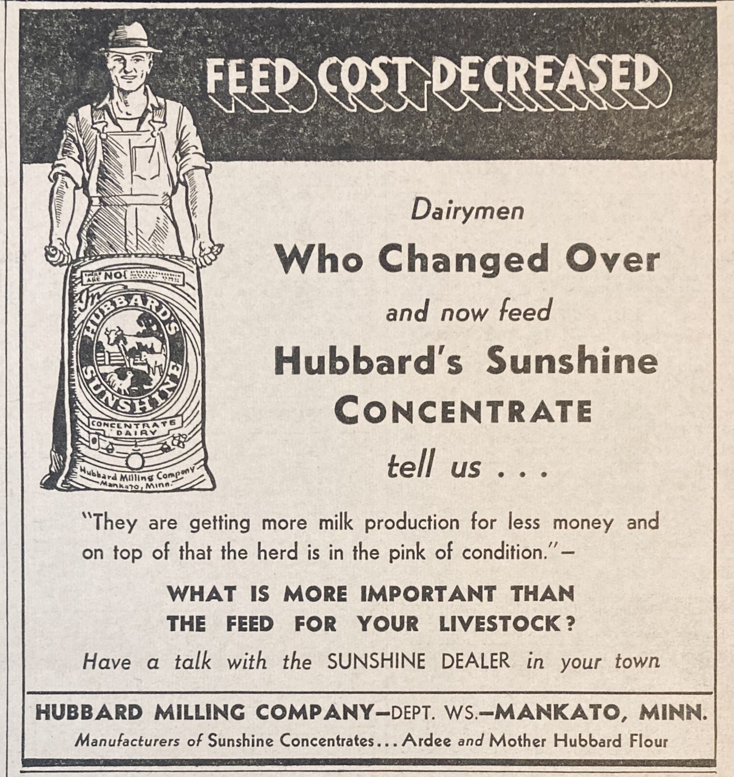 1936 AD.(XH18)~HUBBARD MILLING CO. MANKATO, MINN. SUNSHINE DAIRY FEED