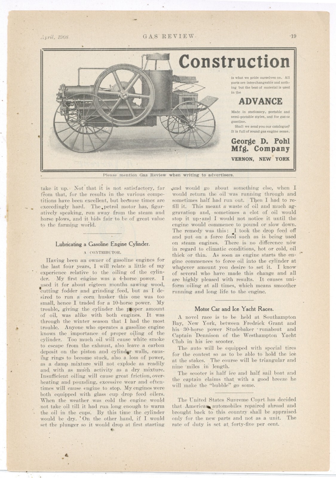 1908 George D. Pohl Mfg. Co. Ad: Gas & Gasoline Engines – Vernon, New York