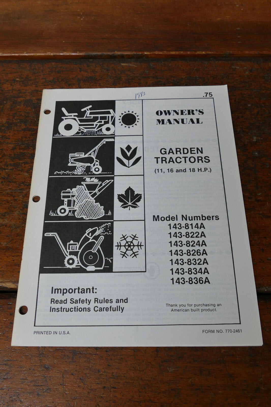 1983 Coast to Coast Owner&rsquo;s Manual 11/16/18 HP Garden Tractors 143-814A 143-836A