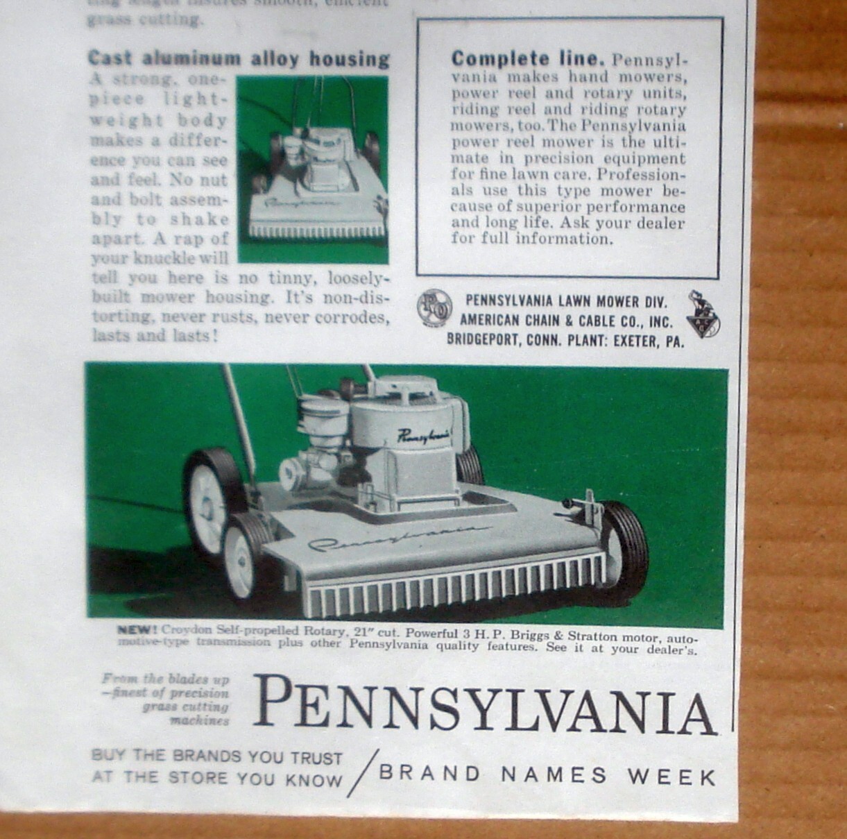 Pennsylvania Lawn Mower / American Chain & Cable Co CT 1959 Vtg Print Ad 5 x 14&Prime;