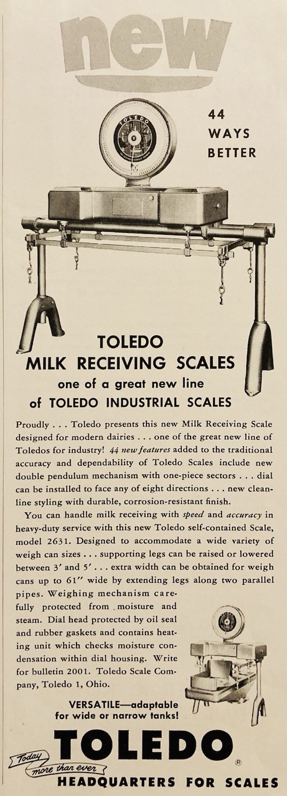 1953 AD.(PC10)~TOLEDO SCALE CO. OHIO. TOLEDO MILK RECEIVING SCALES