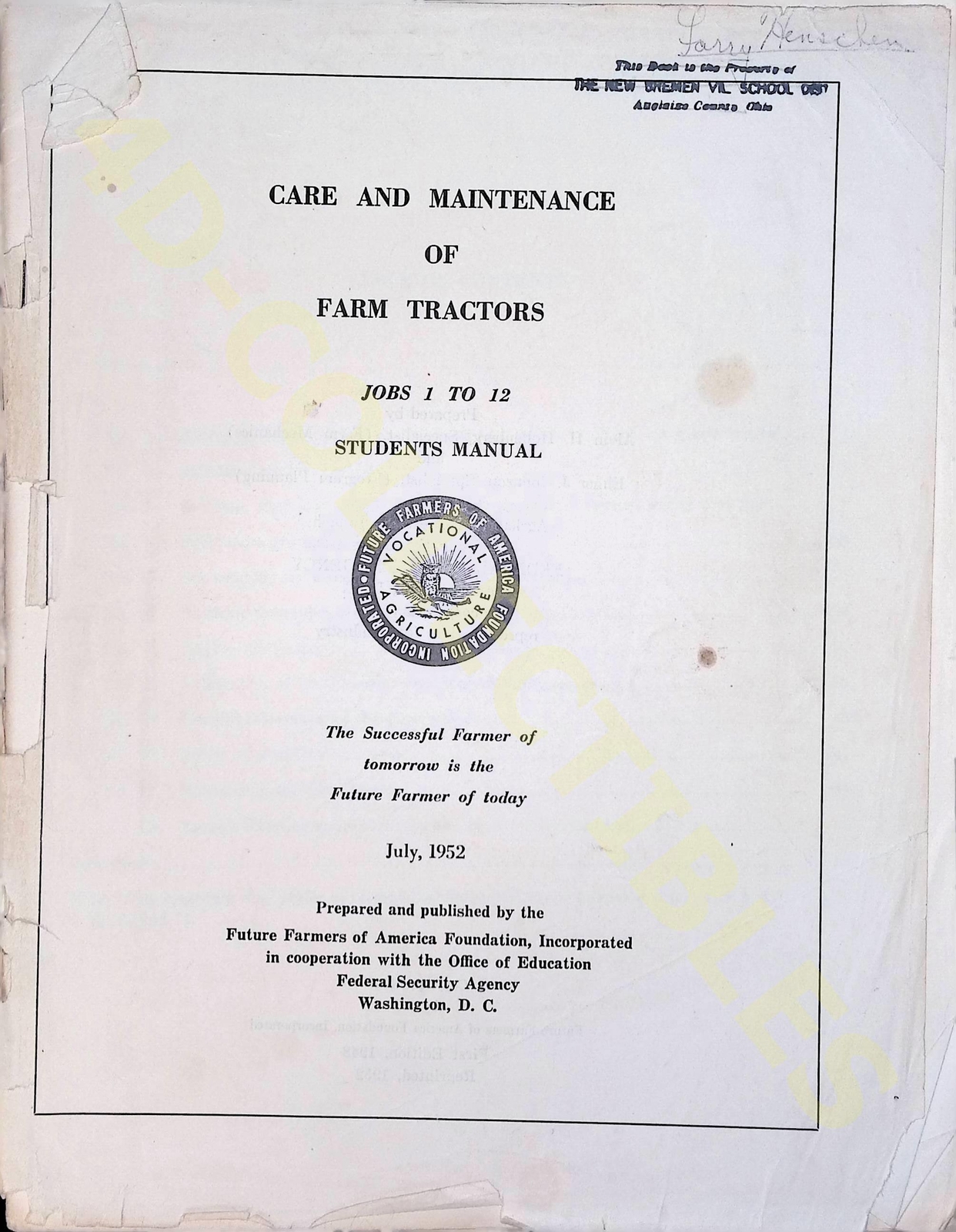 1952 Care and Maintenance of Farm Tractors Student Manual Agriculture Guide