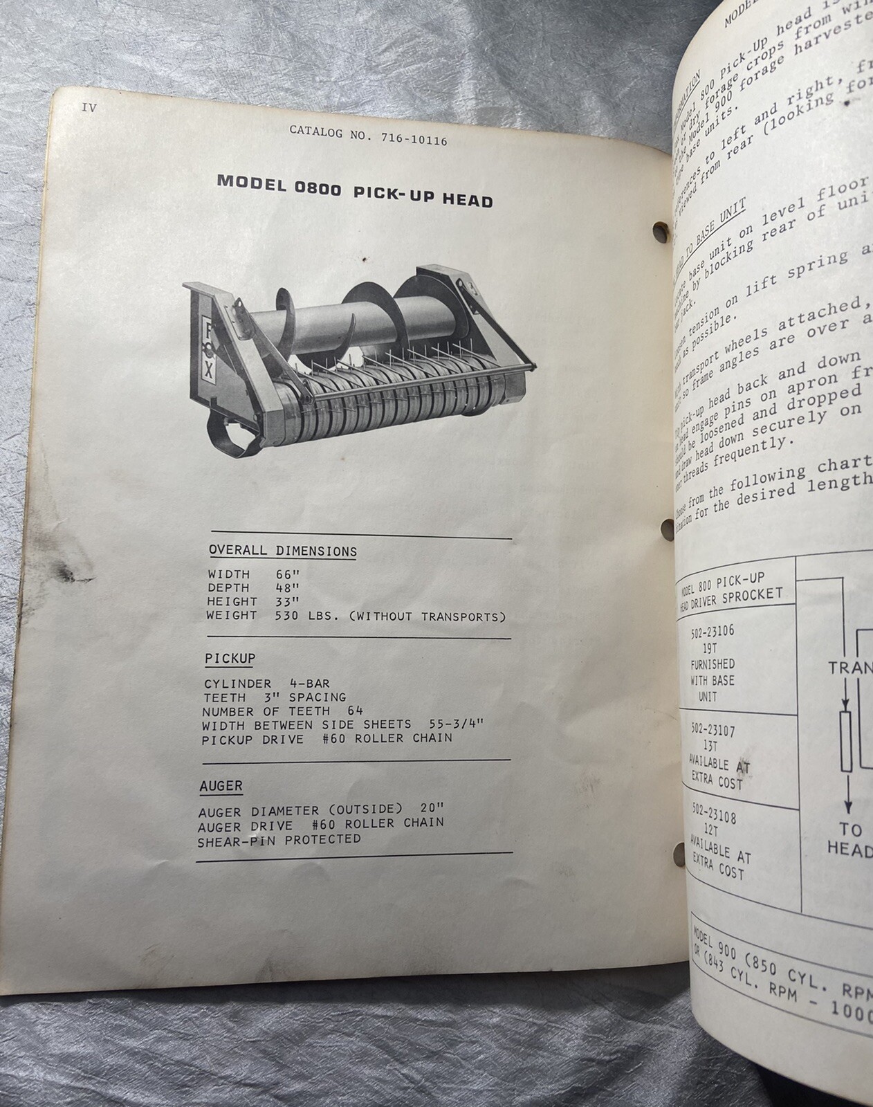 Vintage Koehring Farm Division Fox Pick Up Head Model 0800 Instruction Manual