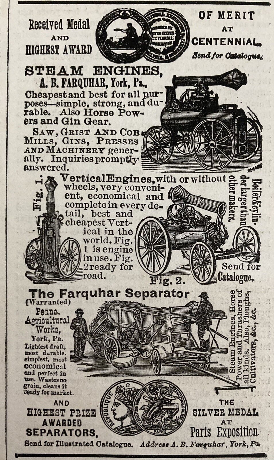 1880 AD.(XH76)~A.B. FARQUHAR CO. YORK, PA. STEAM ENGINES AND SEPARATORS