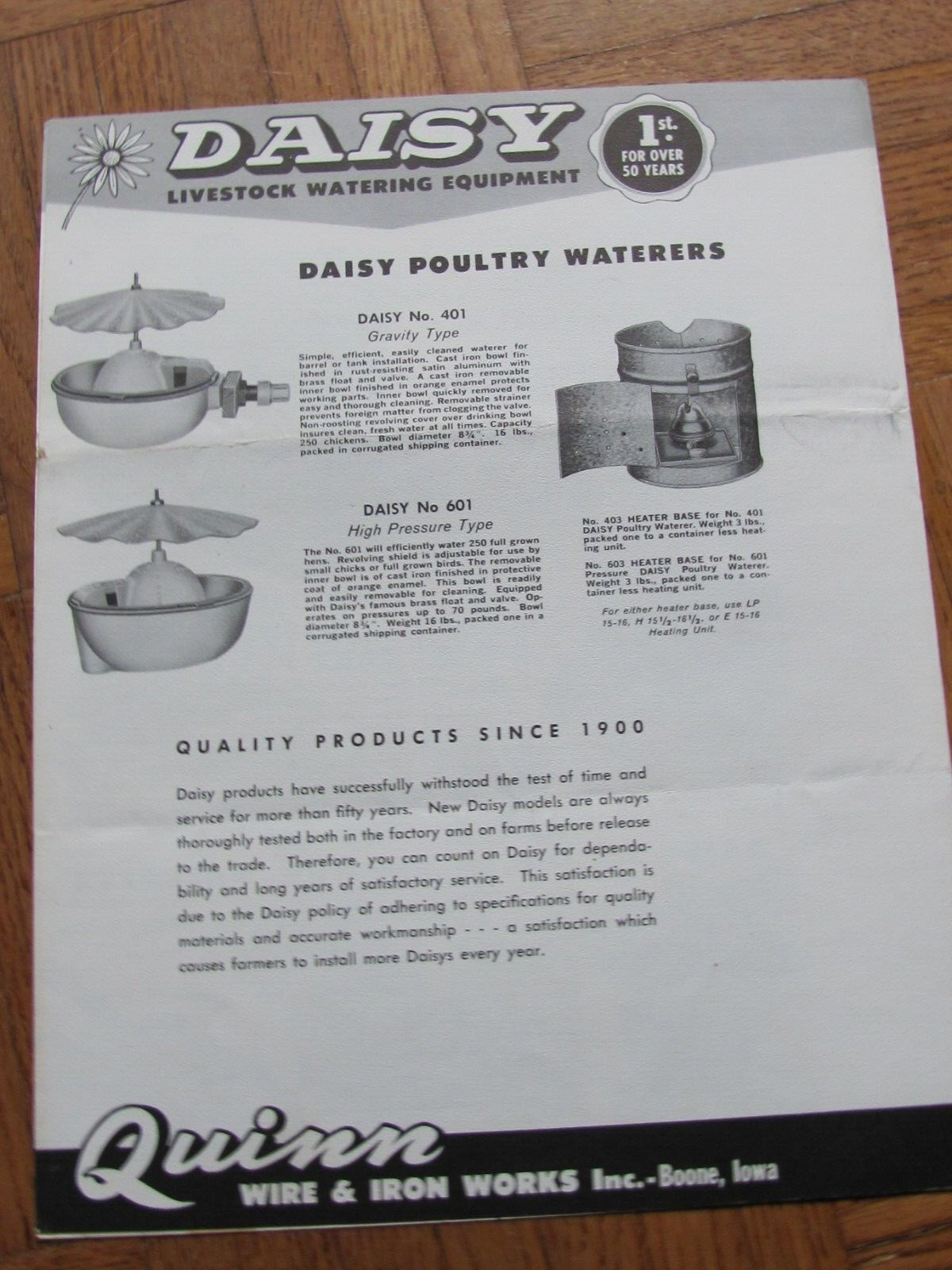 1960s ADVERTISING BROCHURE DAISY LIVESTOCK WATERER QUINN WIRE & IRON BOONE IOWA