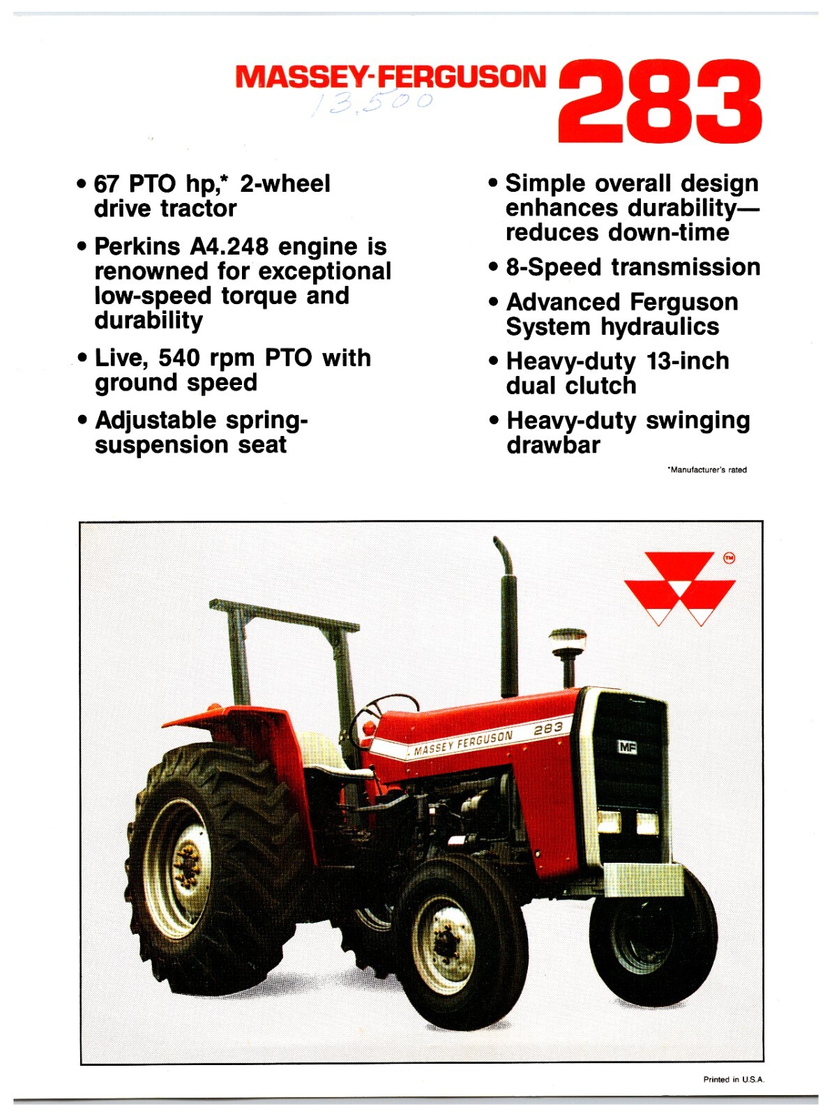 Massey Ferguson Model 283 Tractor Sales Brochure *1980s* (Showroom Sales Sheet)