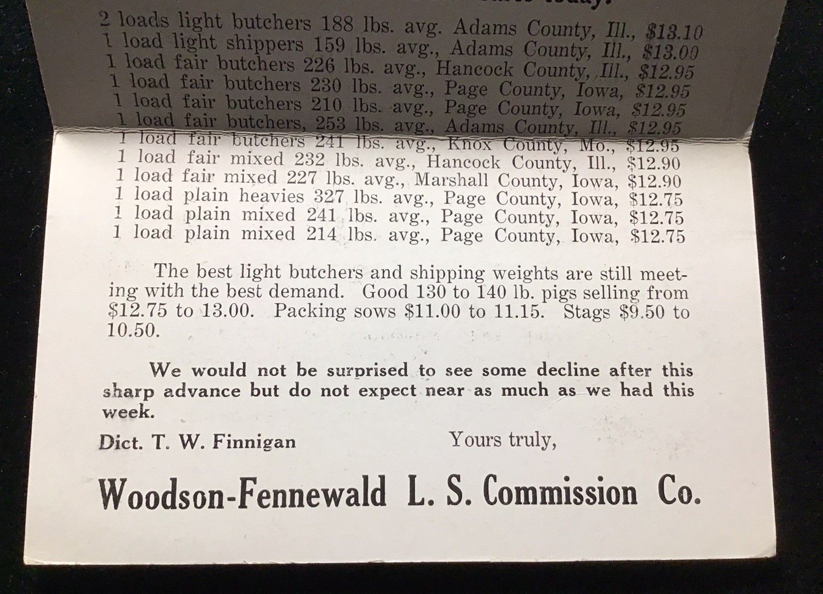 1925 NATIONAL STOCK YARDS IL WOODSON-FENNEWALD LIVE STOCK COMMISSION HOG PRICING