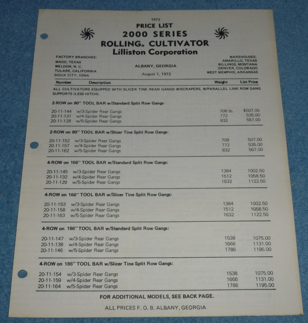 1973 Lilliston-Lehman 2000 Series Rolling Cultivator Brochure Specs Price List