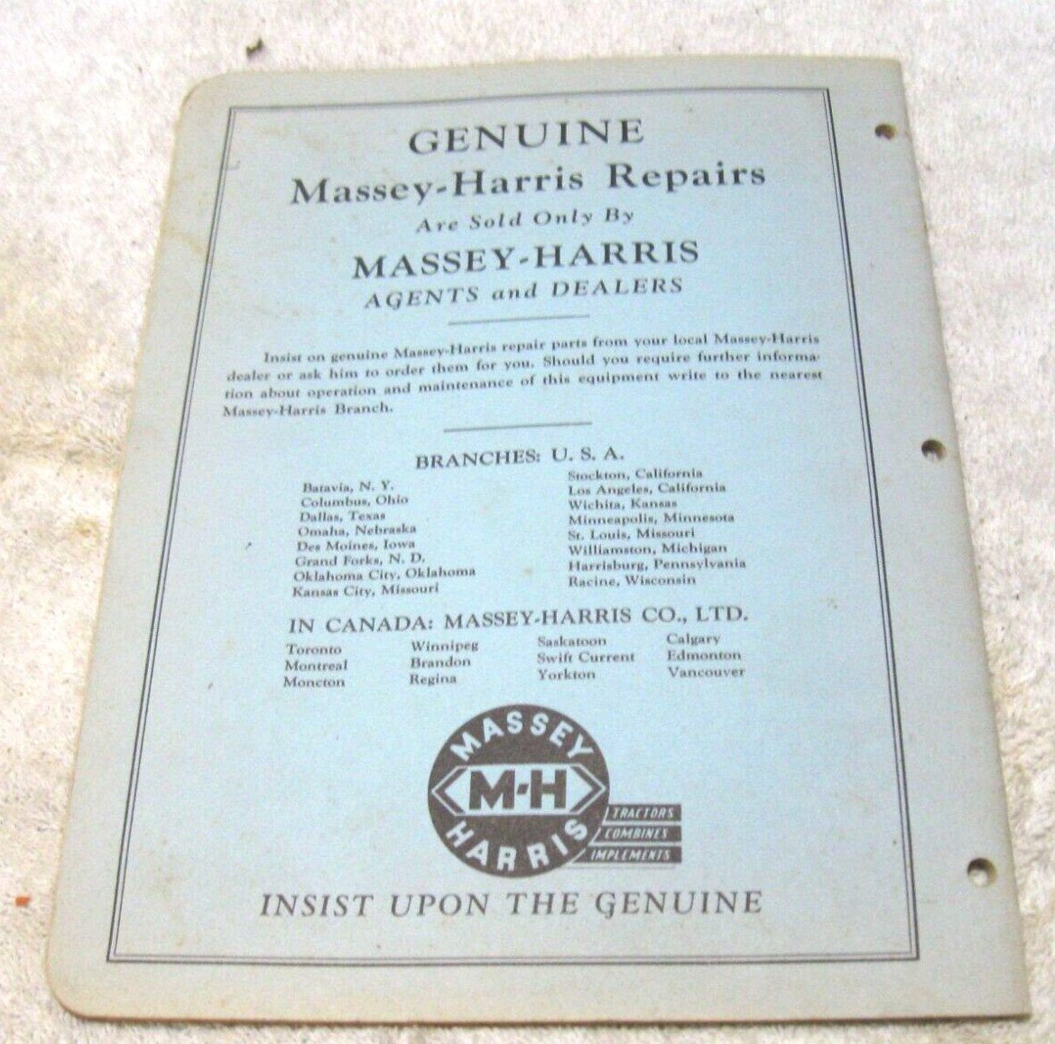 VTG 1952 MASSEY HARRIS TRACTOR CORN PICKER SEVICE MANUAL FORM # 694 015 M94
