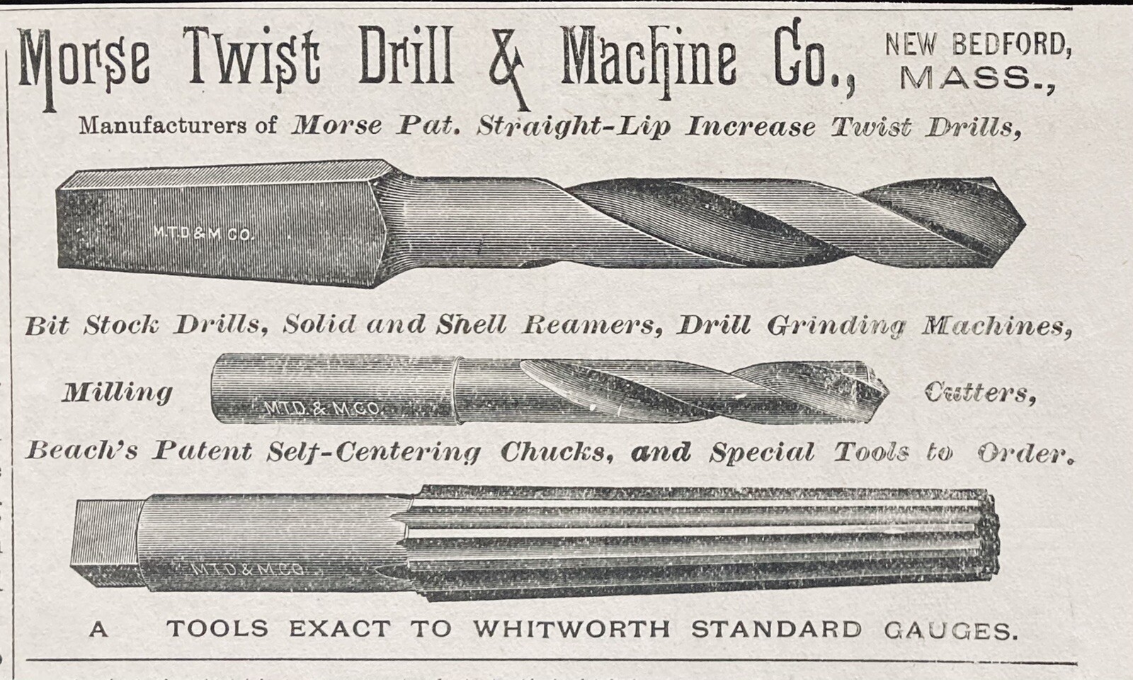 1888 AD.(XH7)~MORSE TWIST DRILL & MACHINE CO. NEW BEDFORD, MASS. BIT STOCK DRILL