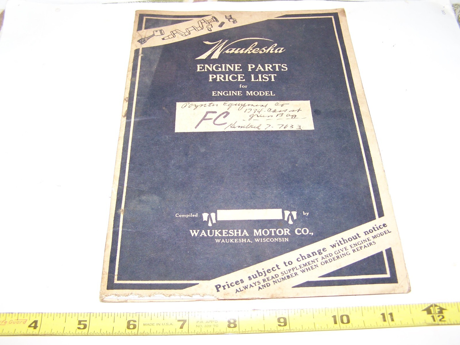 WAUKESHA FC Tractor Engine Power Unit Parts Book List Hit Miss Gas Engine Steam