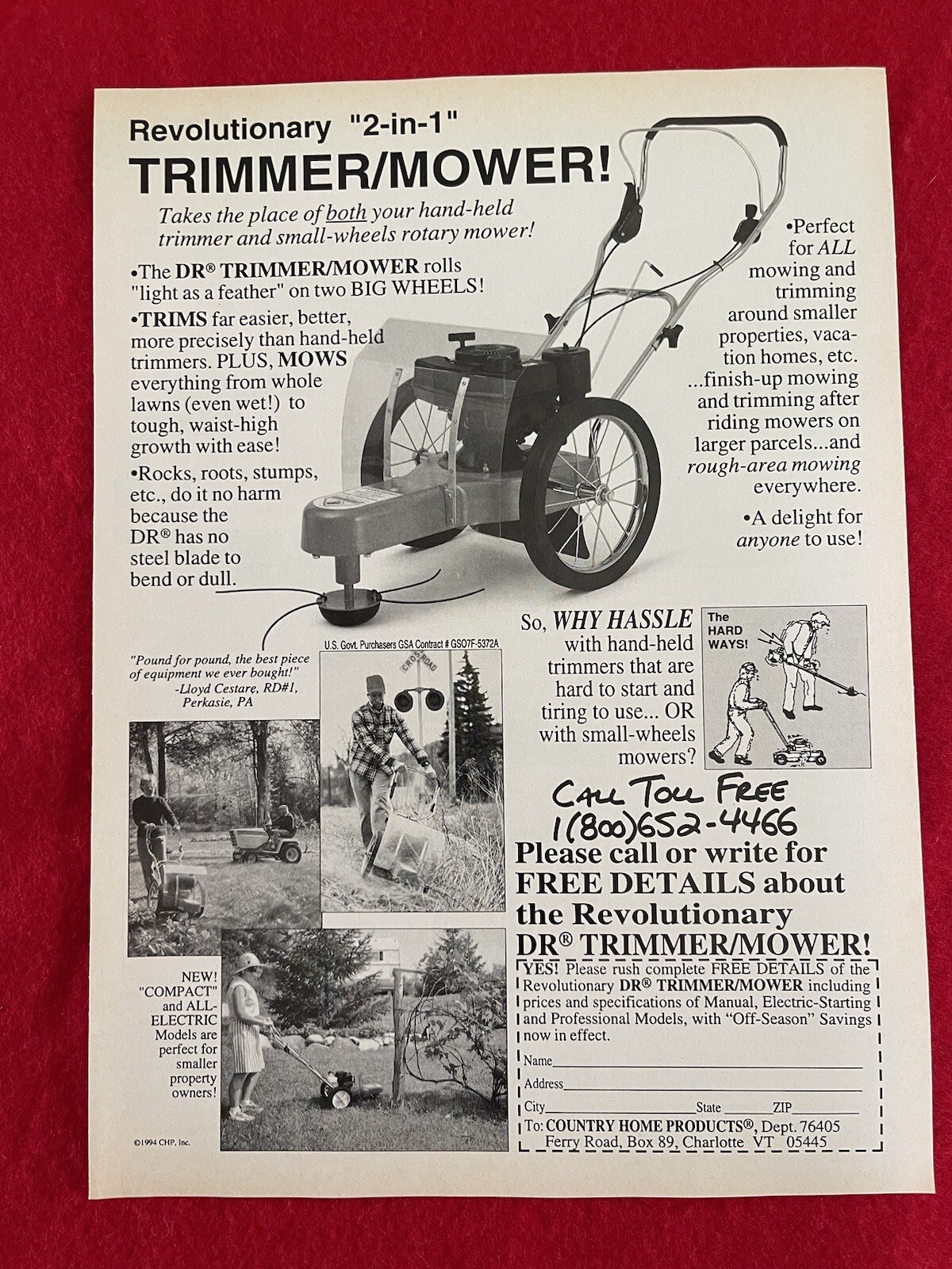 Vintage 1994 DR Trimmer Mower Print Ad Outdoors Yard Work Tool Advertisement