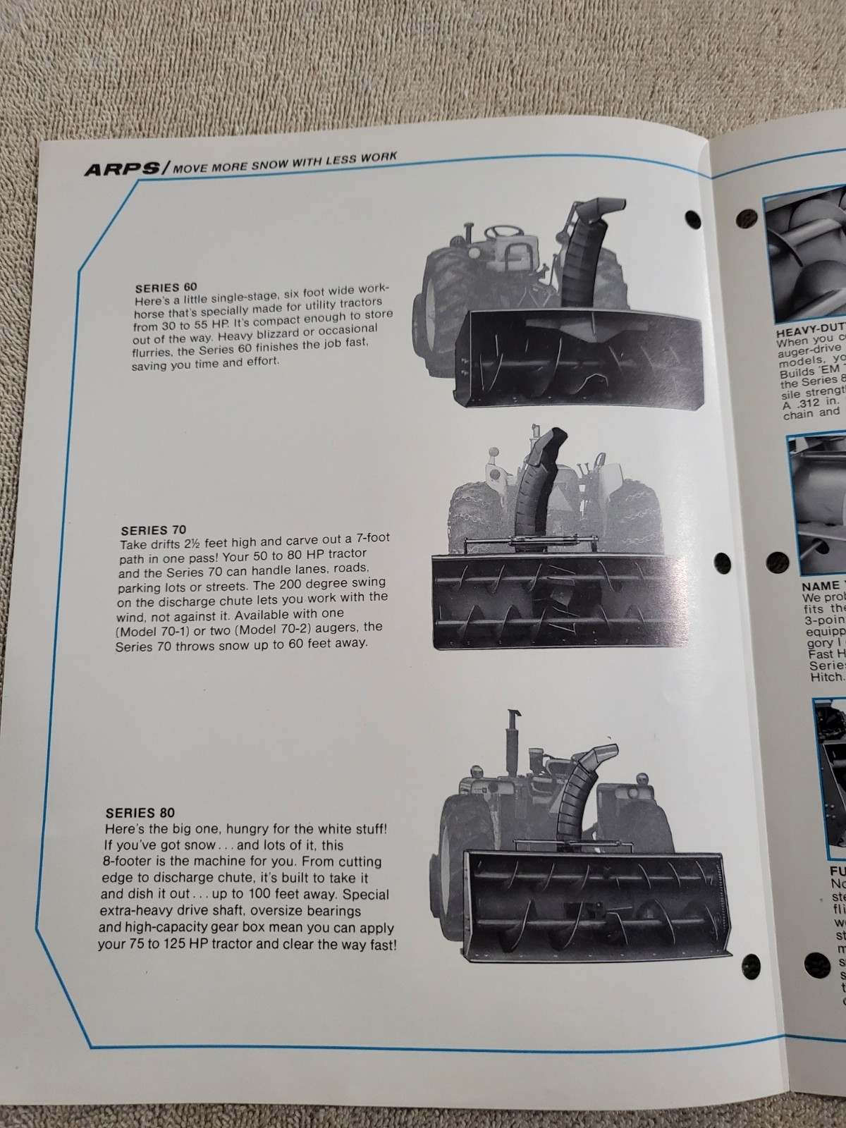 Original ARPS Series 60 70 80 Snowblowers Sales BROCHURE Tractor Rear Mount PTO