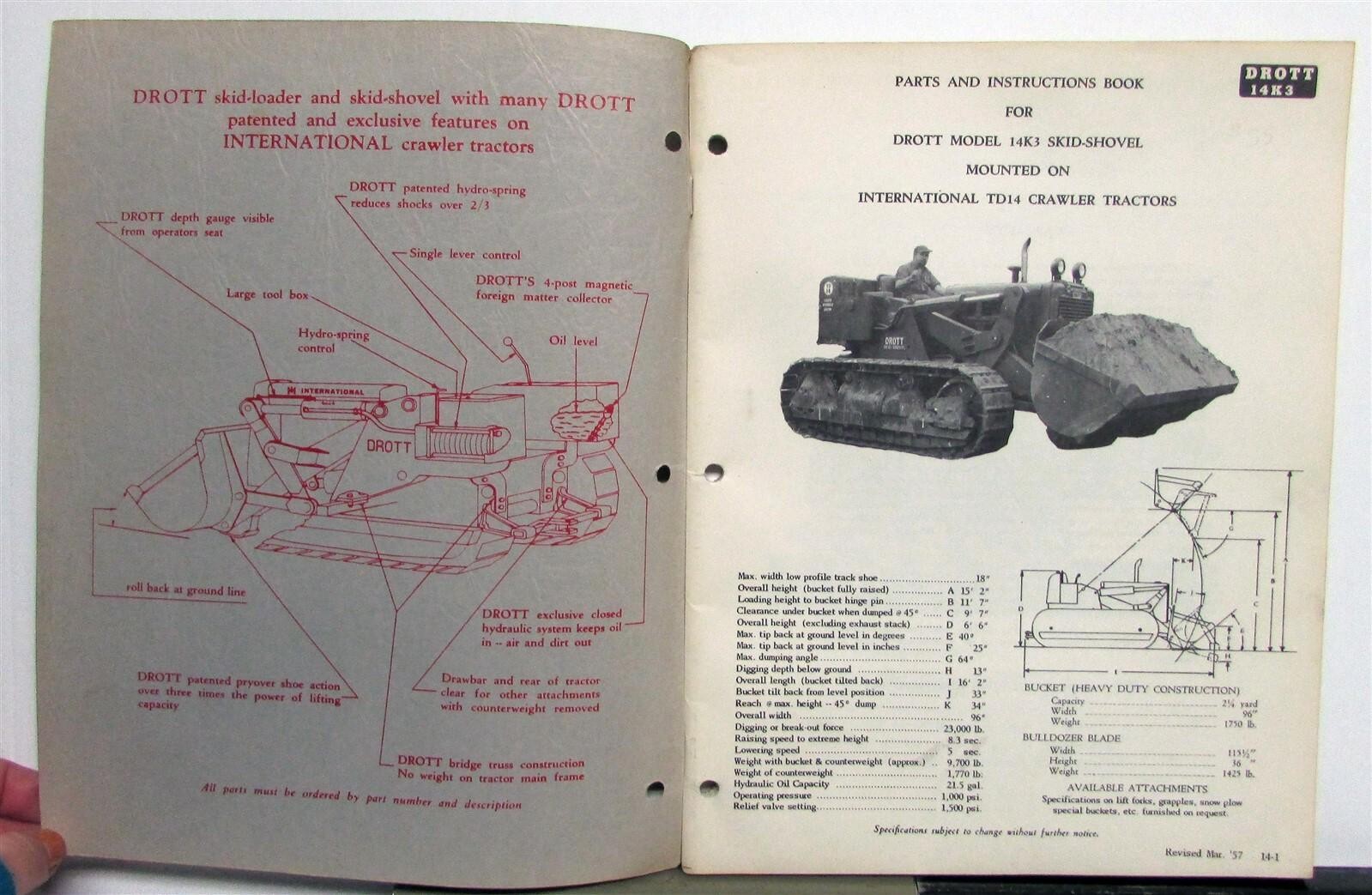 1957 Drott 14K3 Skid Shovel Parts Numbers Specification Construction Manual
