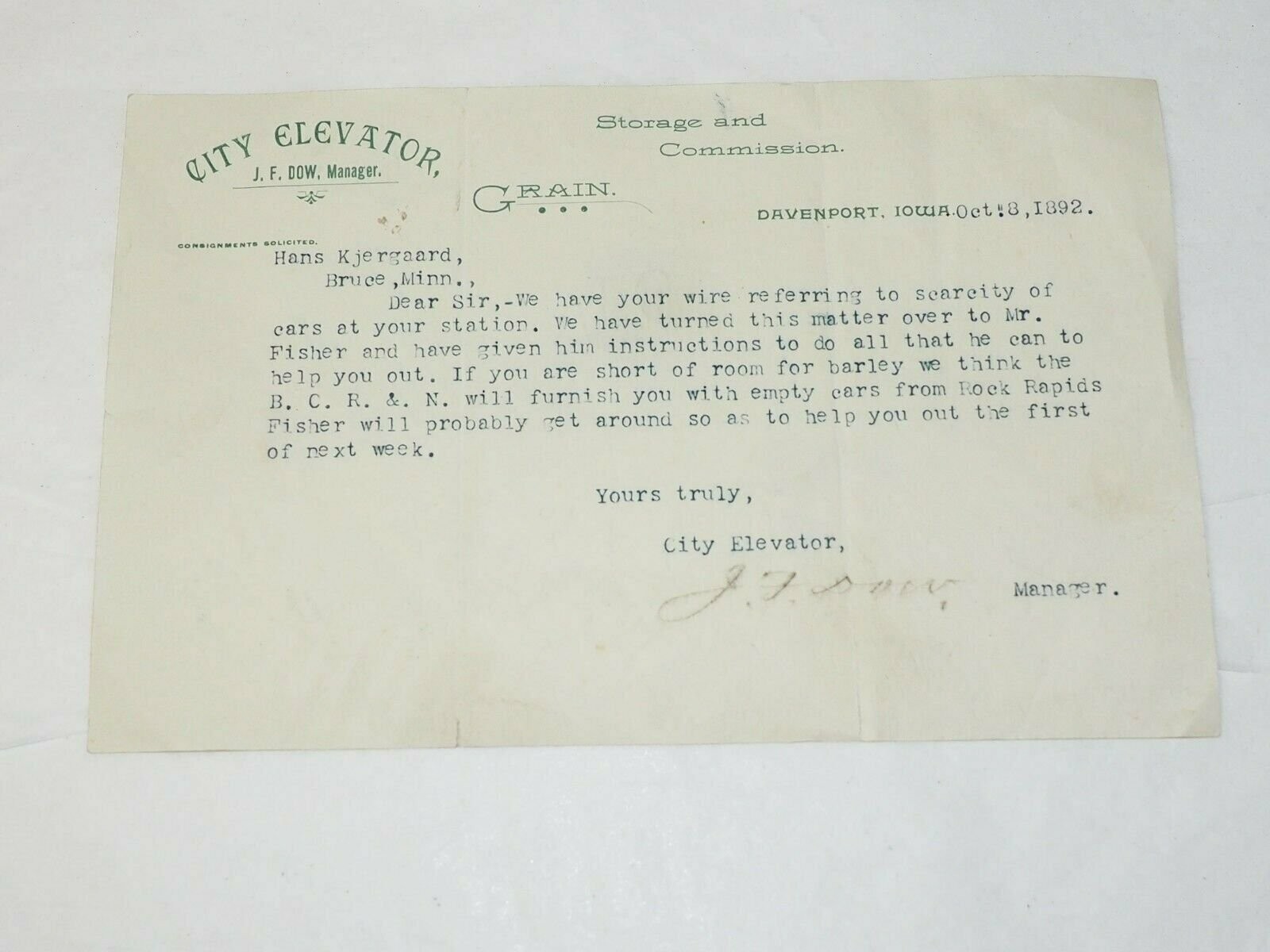 CITY ELEVATOR Grain.Letter J.F.DOW signed DAVENPORT Iowa 1892