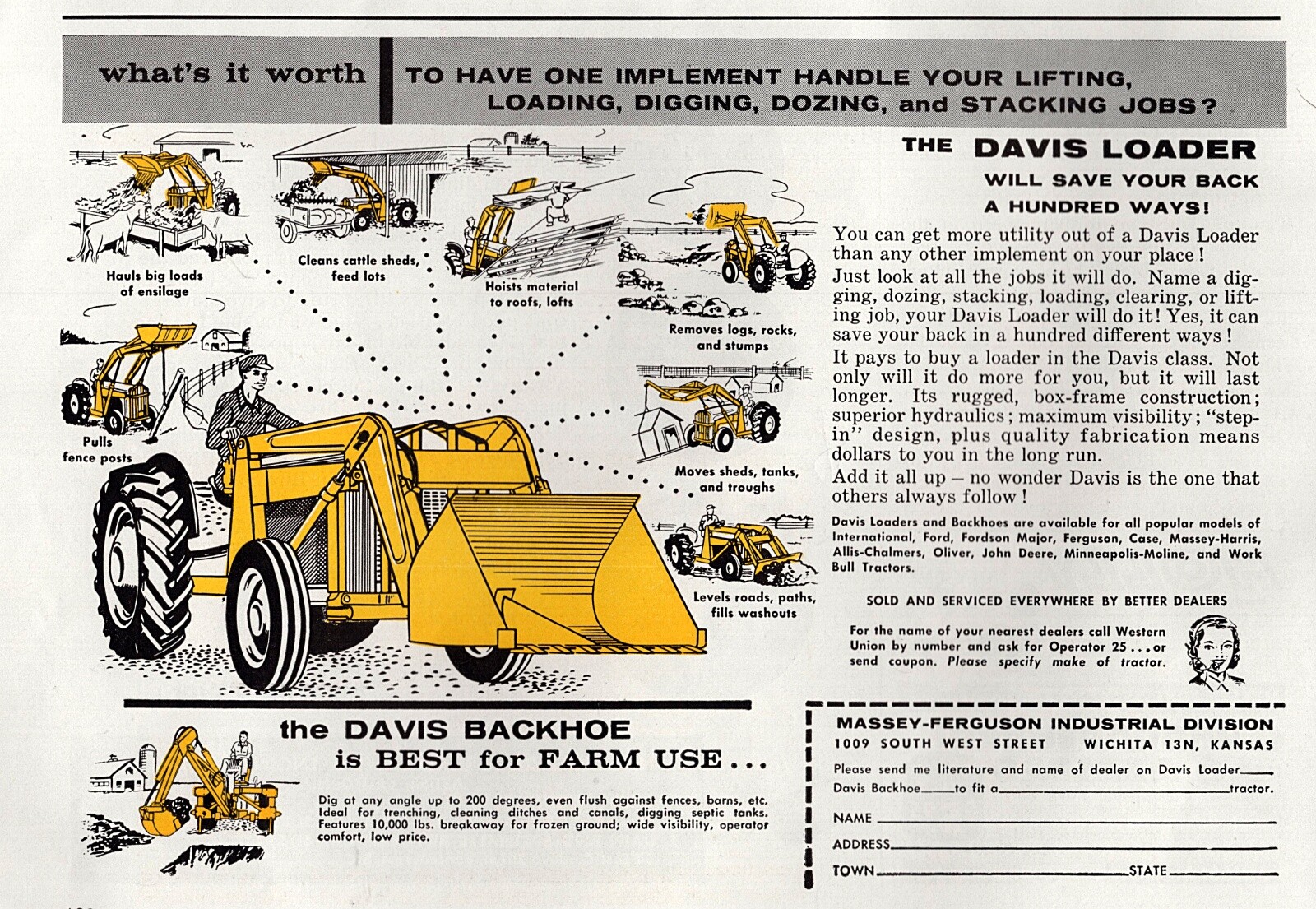 1958 Davis Backhoe & Tractor Loader Original Color Print Ad