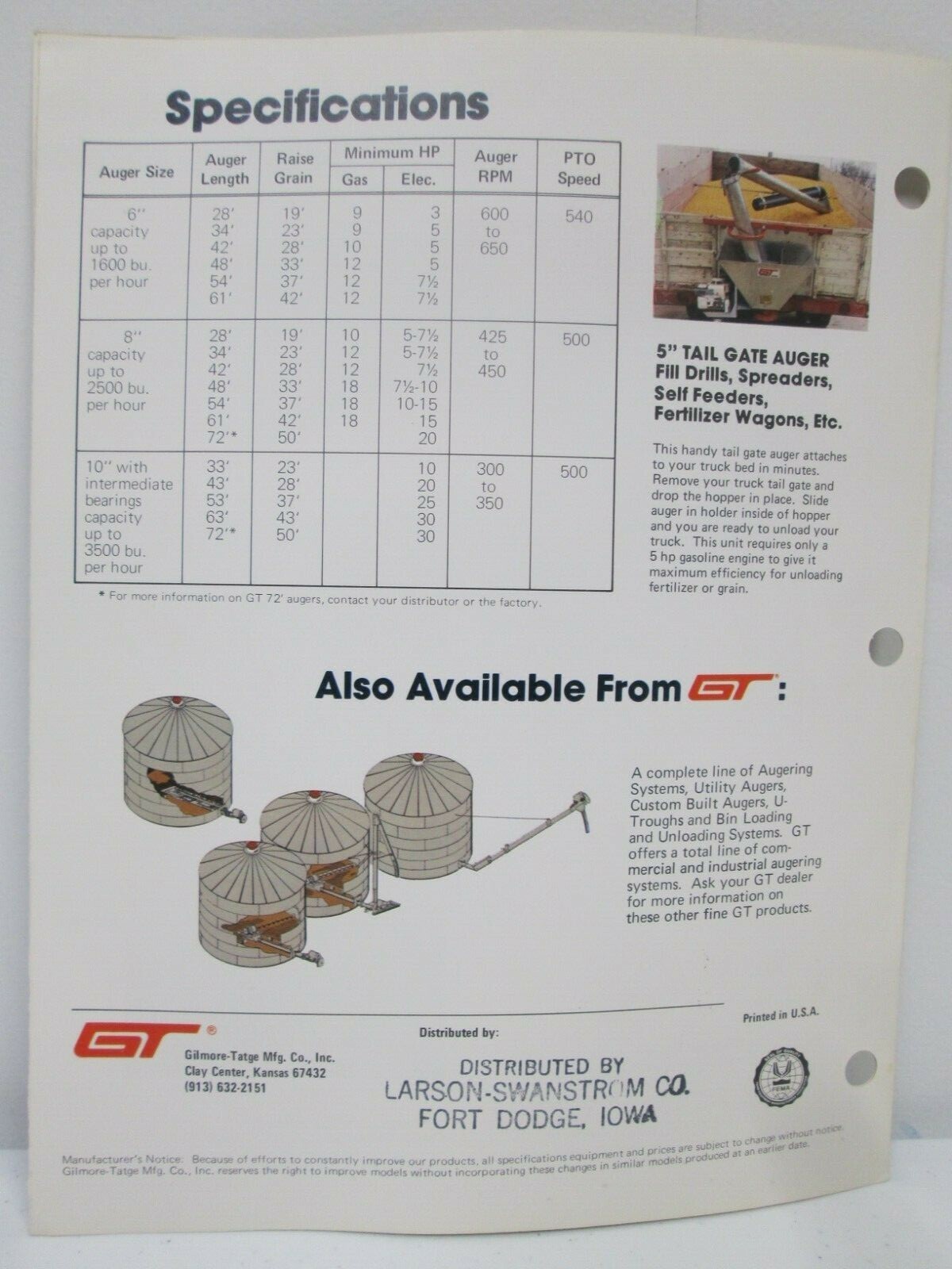 GT Gilmore Tatge Mfg Transport Augers 6 8 & 10 Brochure Specifications