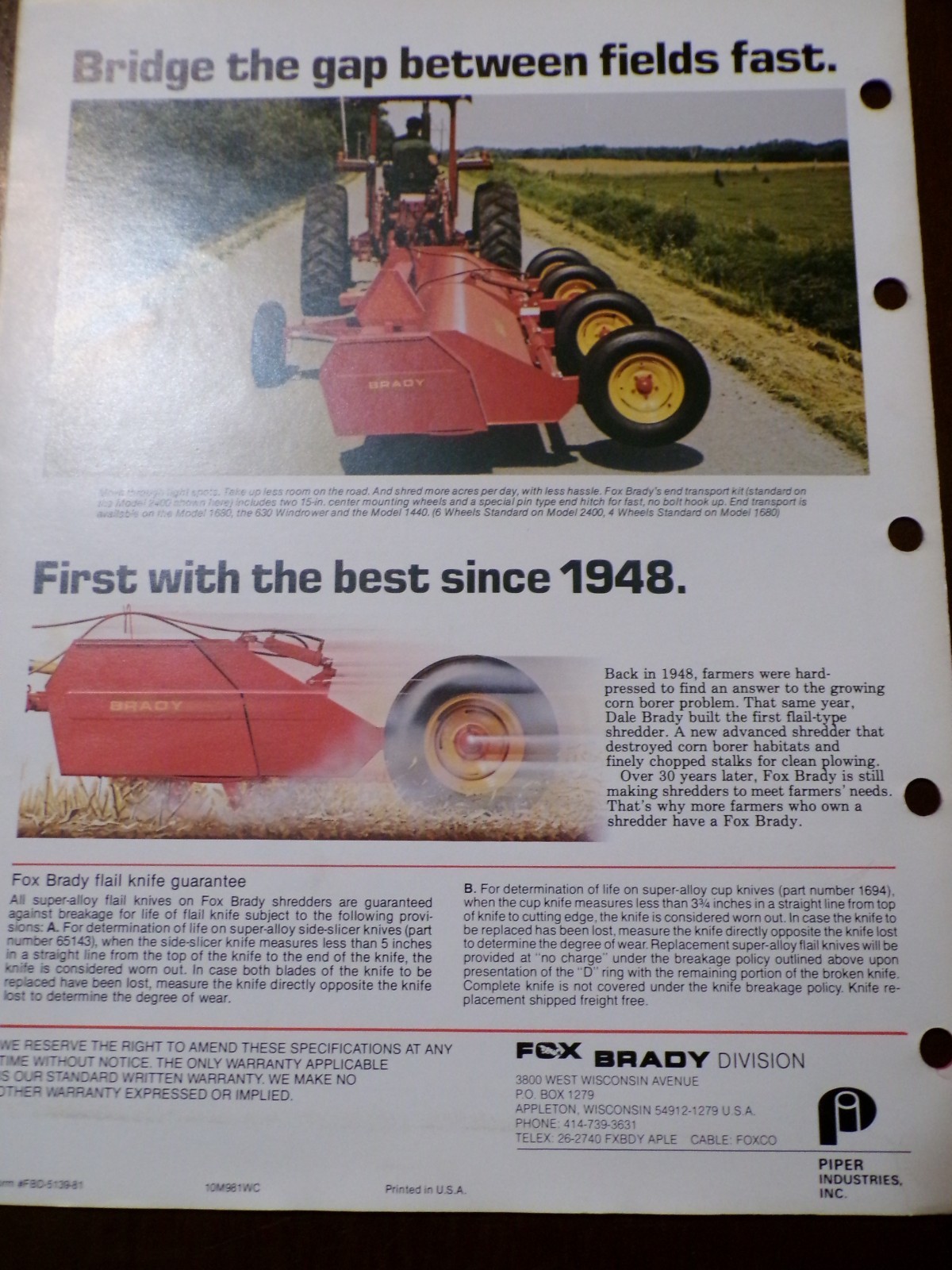Fox Brady Shredders, Plow, Blower Sales Brochures, 4 items
