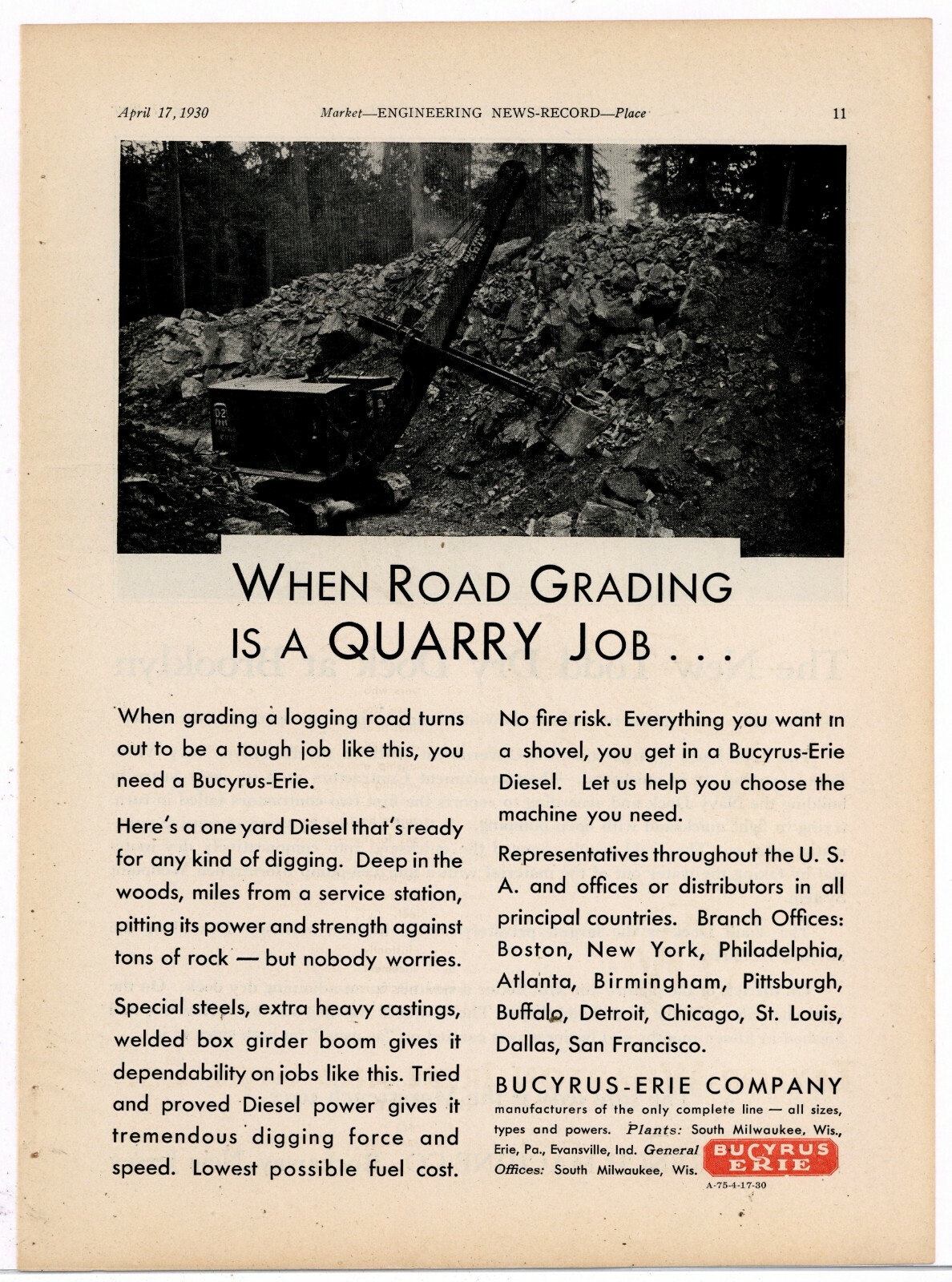 1930 Bucyrus Erie Equipment Ad: D-2 Diesel Shovel Grading a Logging Road