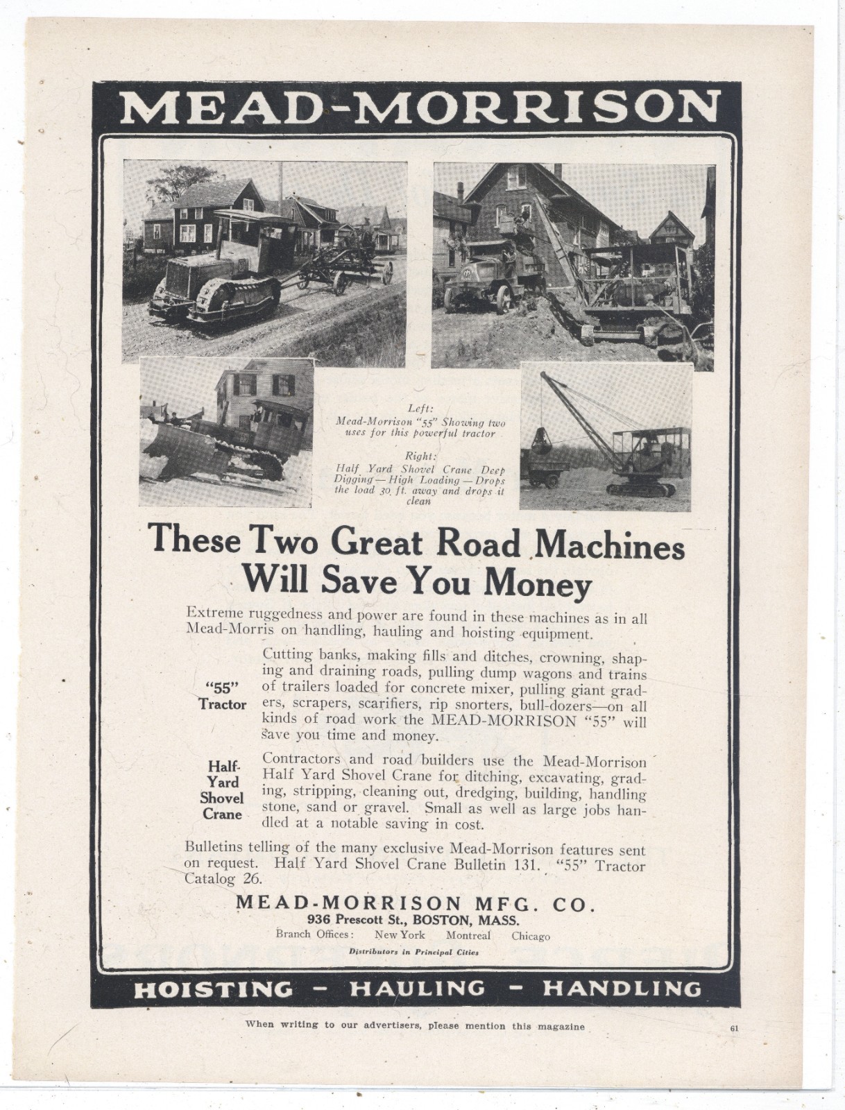 1927 Mead Morrison Equipment of Boston Ad: Model 55 Crawler Tractor & Shovel Pic