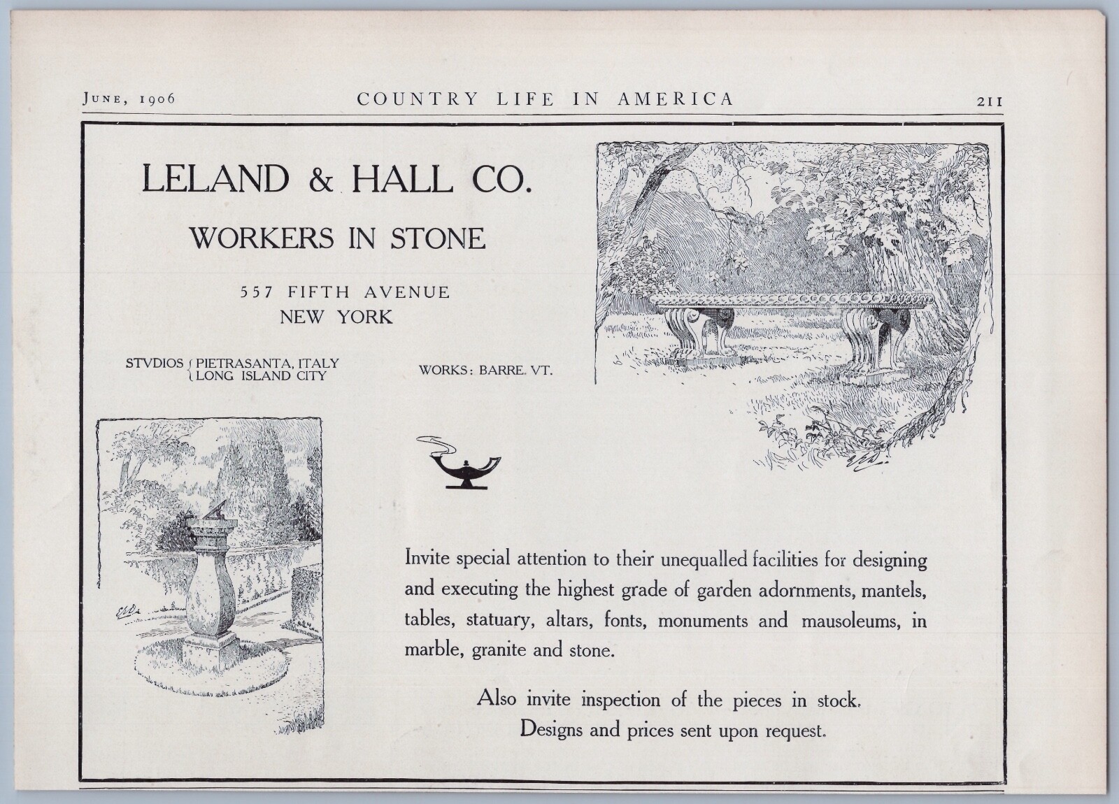 1906 Leland & Hall Vintage Ad New York Stone Carvers Designers Garden Ornaments
