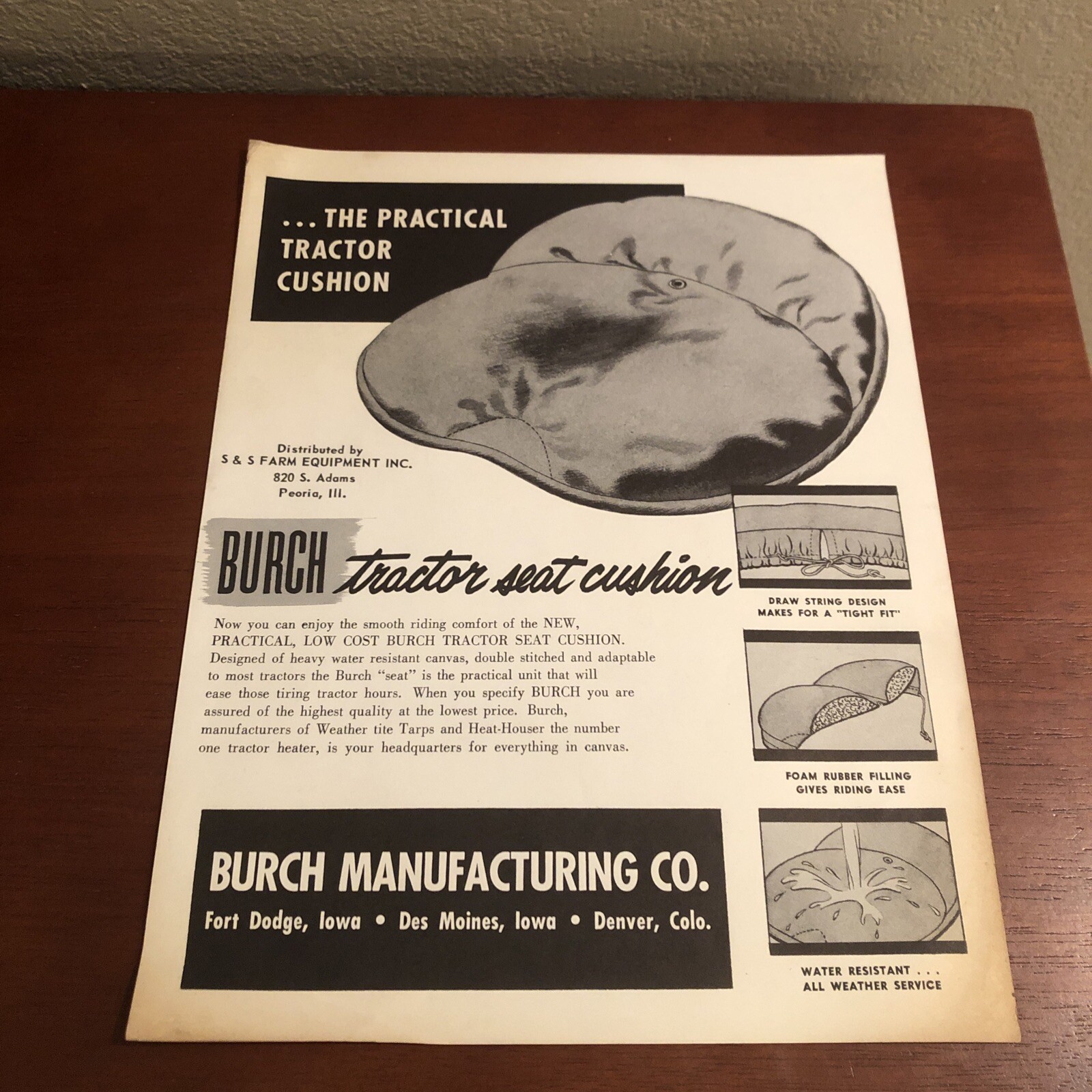 BURCH TRACTOR SEAT CUSHION Ad ~ 1950s? ~ Ft. Dodge, Iowa ~ VINTAGE