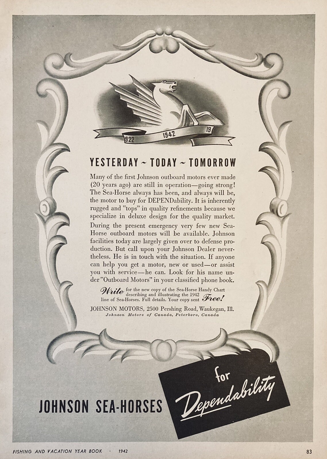 1942 AD.(XG25)~JOHNSON MOTORS, WAUKEGAN, ILL. 20 YRS. OF DEPENDABLE MOTORS