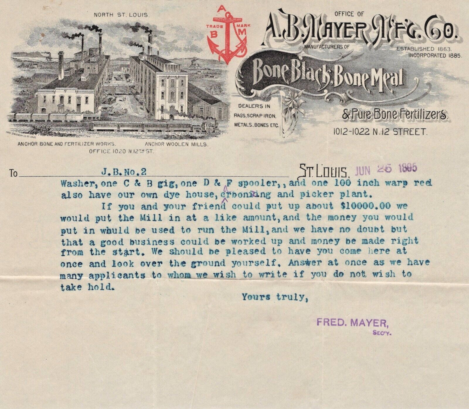 Agriculture Paper Receipt A B Mayer Bone Black Bone Meal Advertise 1895 A11LL