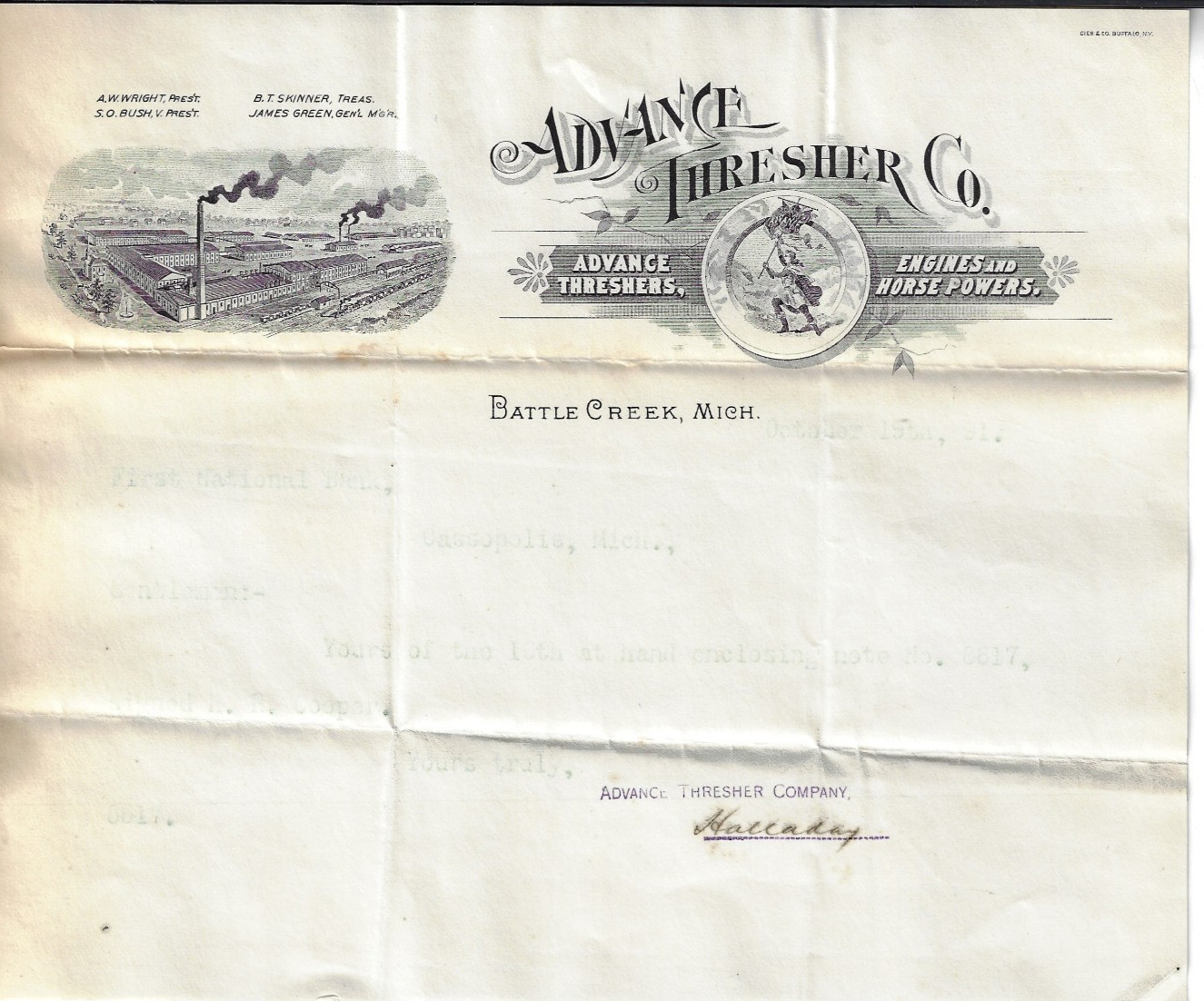Advance Thresher Company Letter – 1891