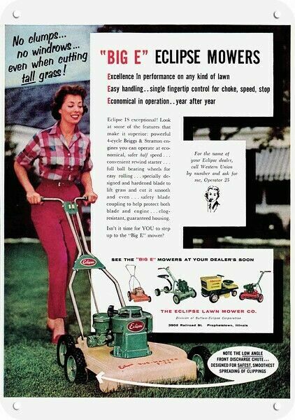 1959 Woman Mows Lawn w/ ECLIPSE PUSH LAWN MOWER Decorative DECORATIVE METAL SIGN