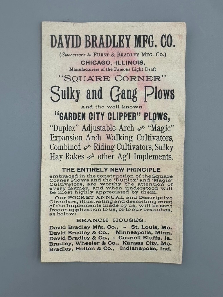 1880s David BRADLEY PLOWS FARM Advertising TRADE CARD