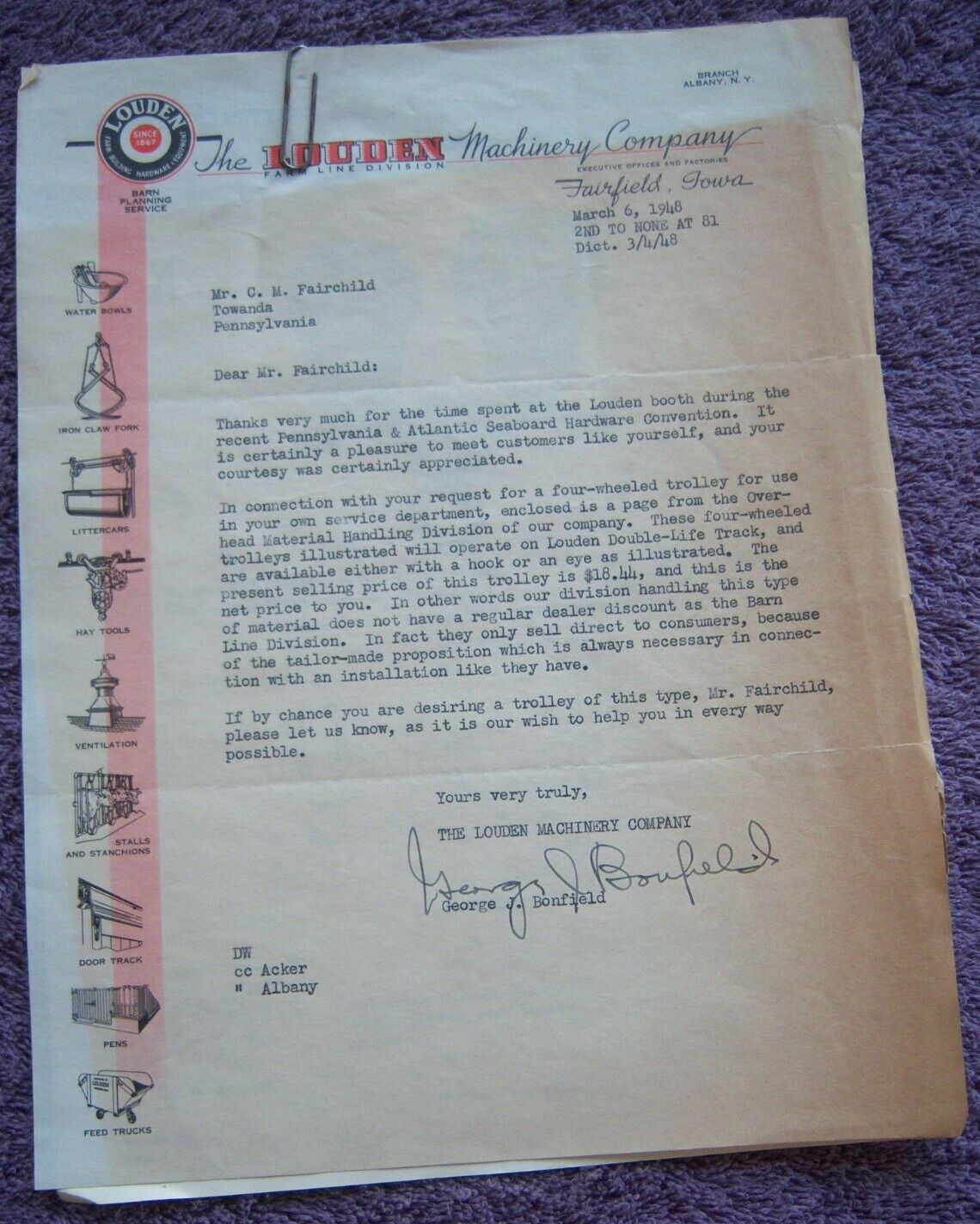 LOUDEN MACHINERY COMPANY BARN EQUIPMENT LETTER EPHEMERA 1948