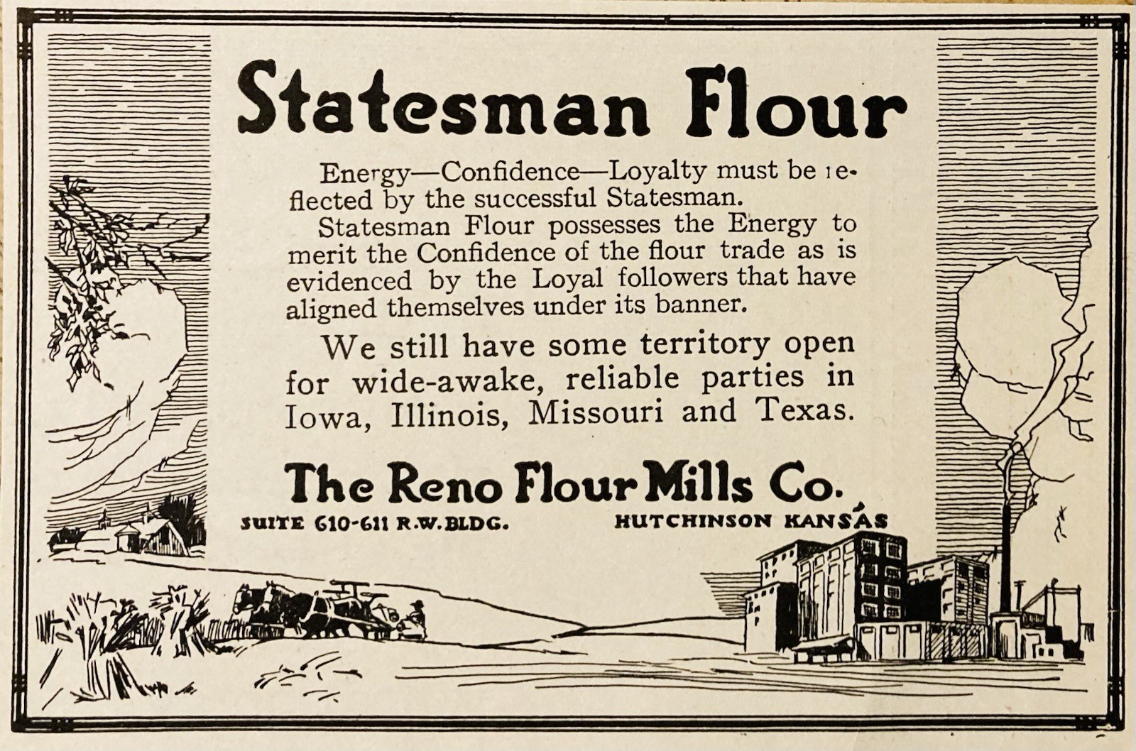 1919 AD.(PC9)~THE RENO FLOUR MILLS CO. HUTCHINSON, KS. STATESMAN BRAND FLOUR