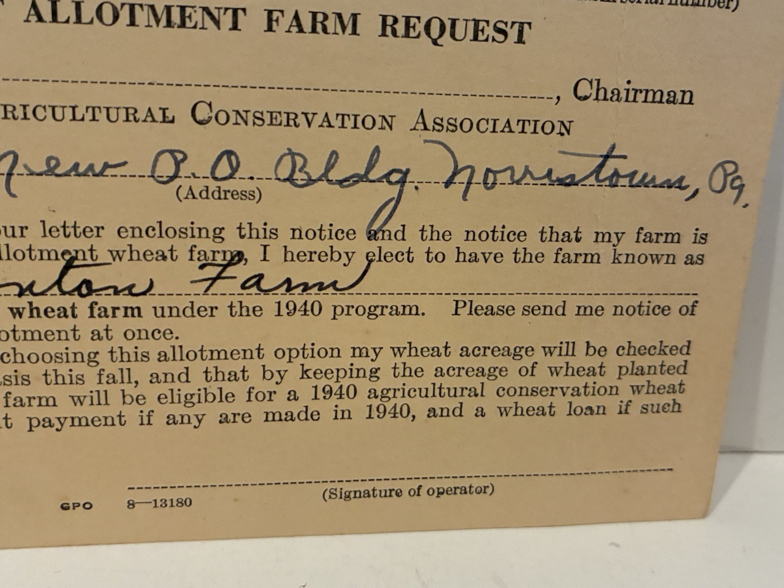 Vintage 1940 US Department Of Agriculture WHEAT ALLOTMENT FARM REQUEST Form
