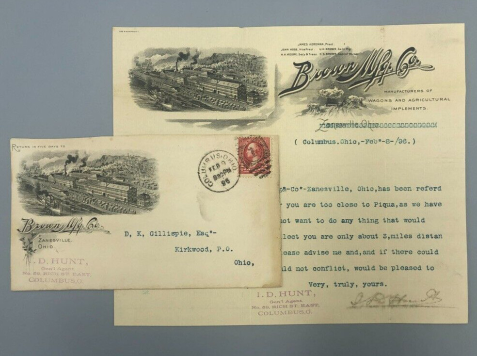 1896 BROWN Mfg WAGONS Plow FARM Illustrated Postal Cover Letterhead Advertising