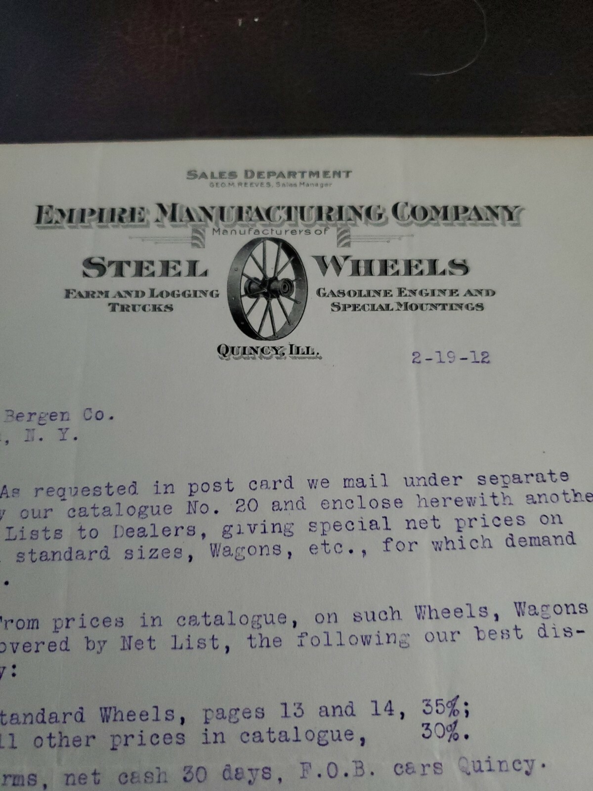 Vintage 1912 Empire Manf. Co. Steel Wheels Letterhead Quincy ILL.