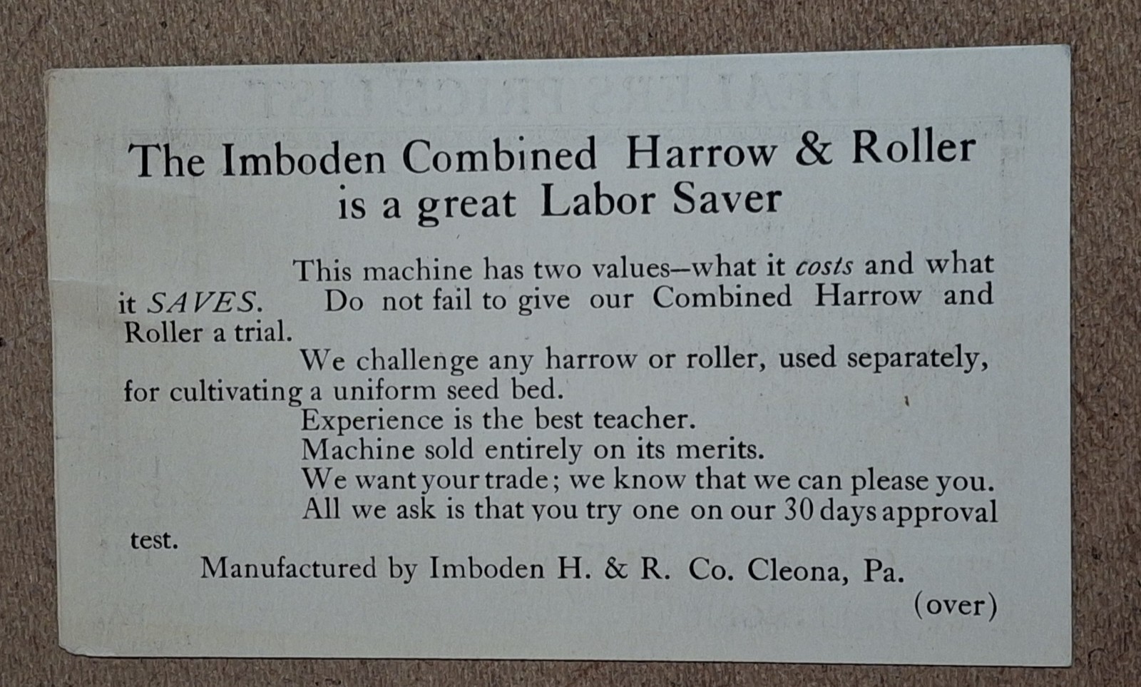 VTG 1925 IMBODEN HARROW & ROLLER Cleona Lancaster PA Advertising Card Farming