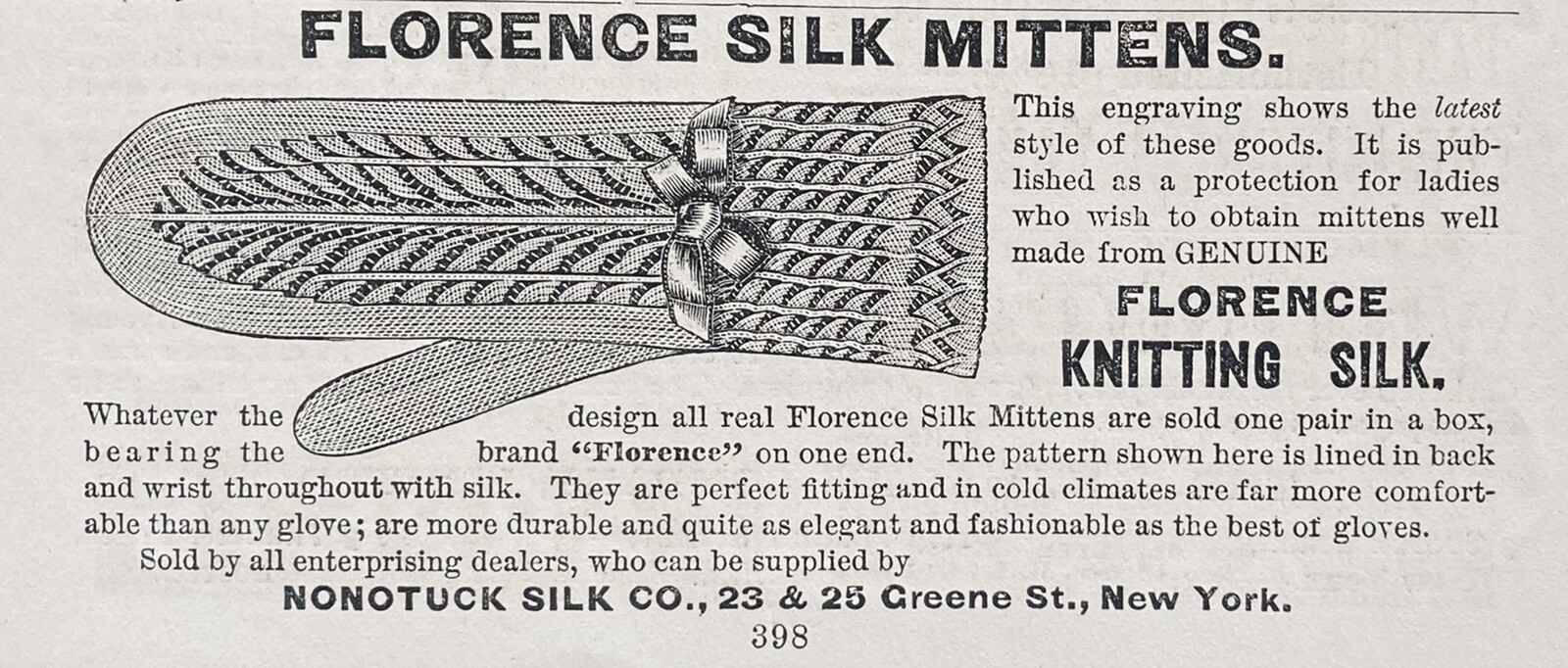 1889 AD.(XH6)~NONOTUCK SILK CO. NYC. FLORENCE SILK MITTENS