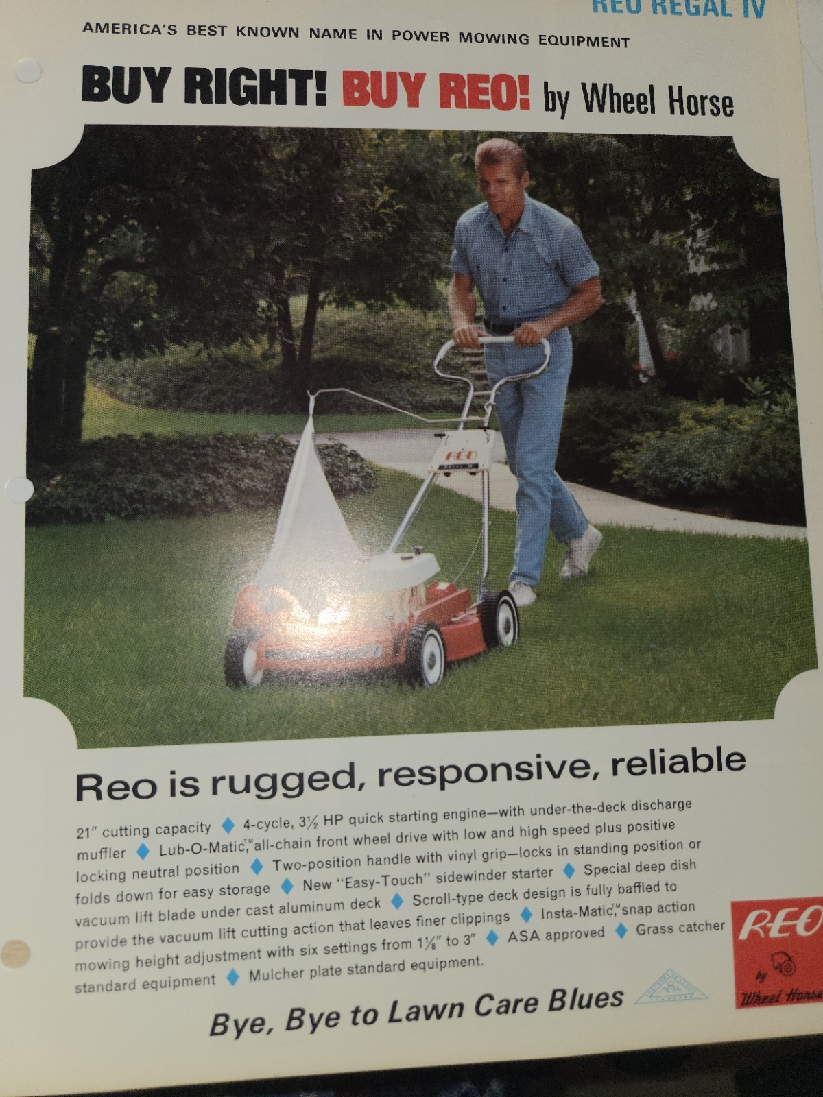 1960s REO WHEEL HORSE REGAL IV DEALER AD WITH SPECIFICATIONS DOUBLE SIDED
