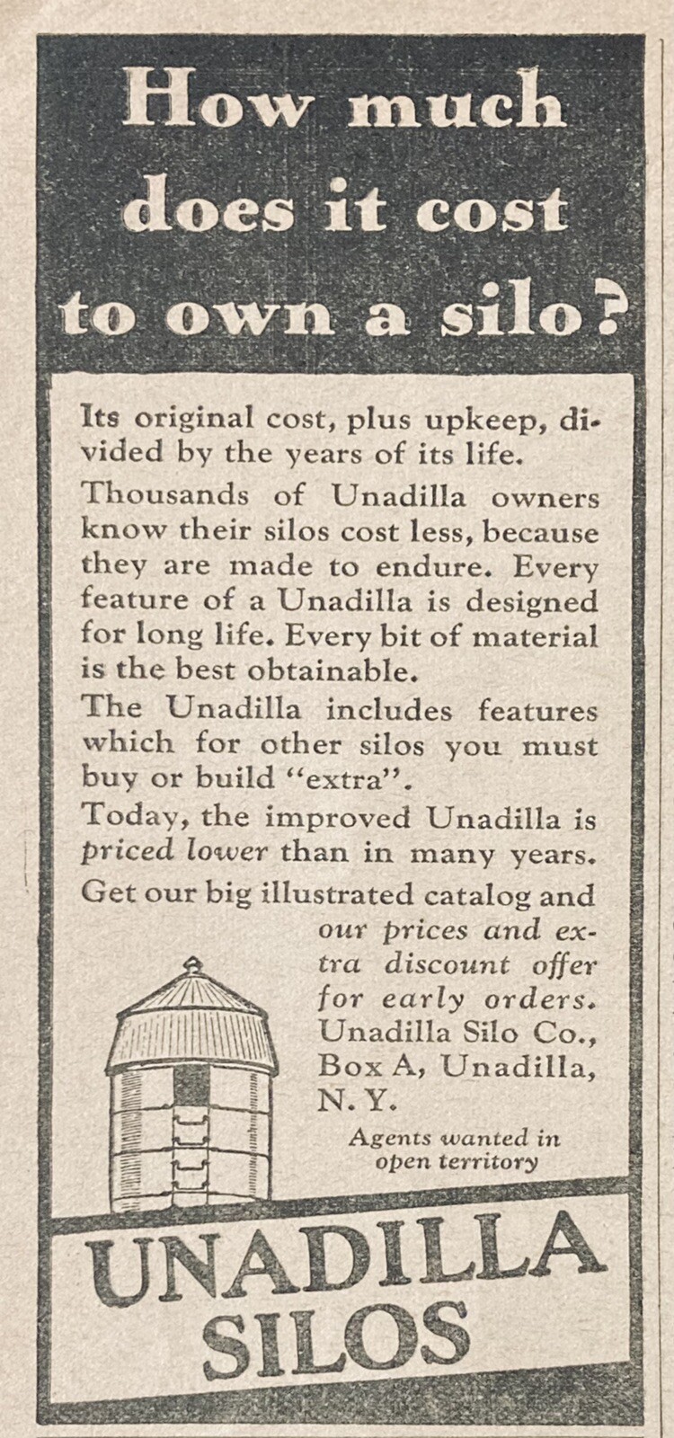 1932 AD.(XH38)~UNADILLA SILO CO. UNADILLA, NY. LOW PRICED SILOS