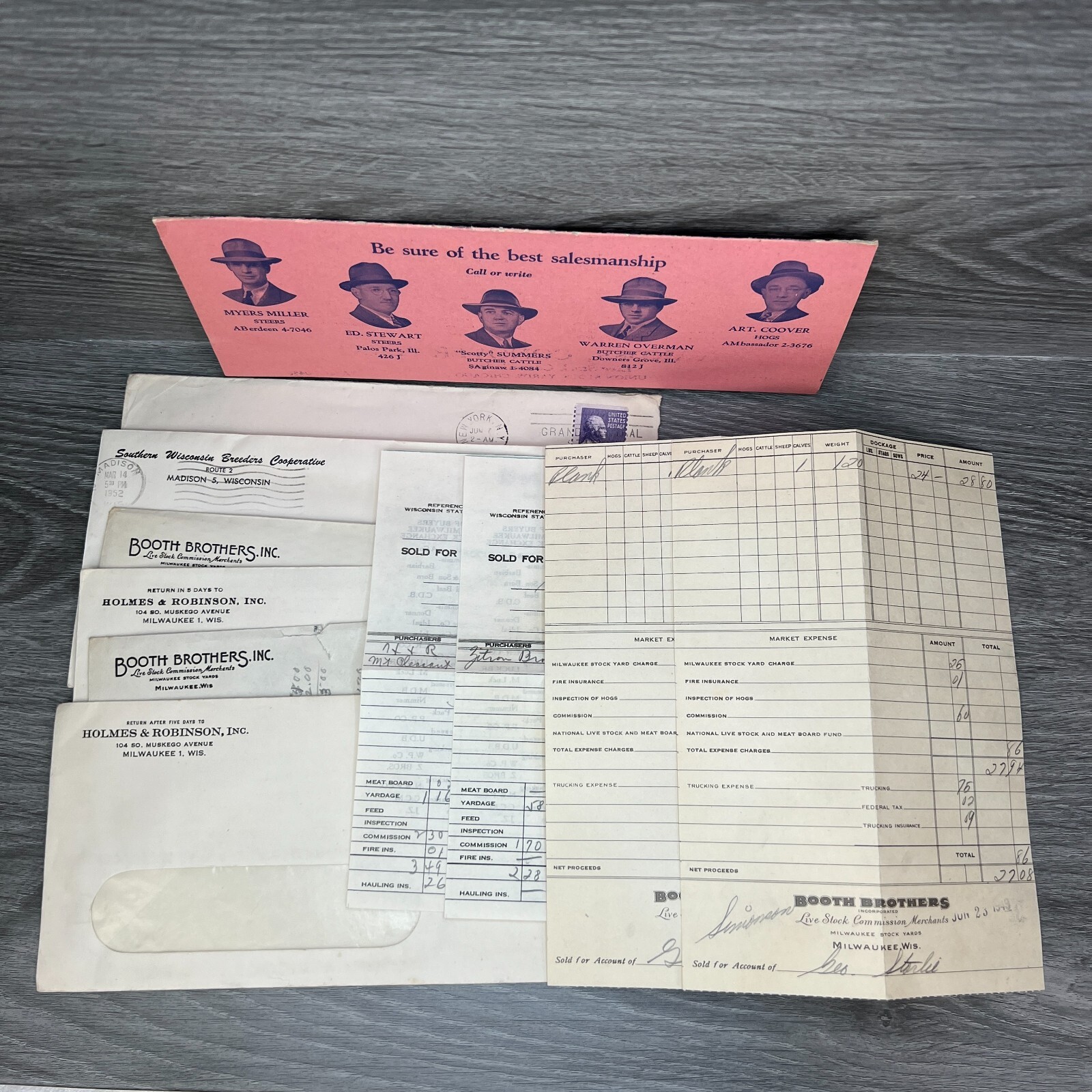 VTG 1940s 50s Booth Brothers WI Live Stock Commission Letter Farm Receipt