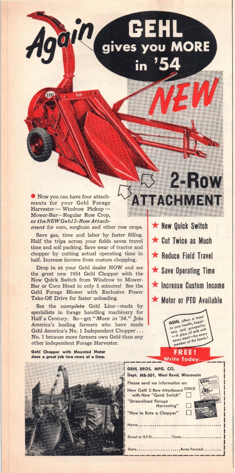 1954 GEHL Forage Harvester 2-Row Attachment 50&rsquo;s Vintage Print Ad