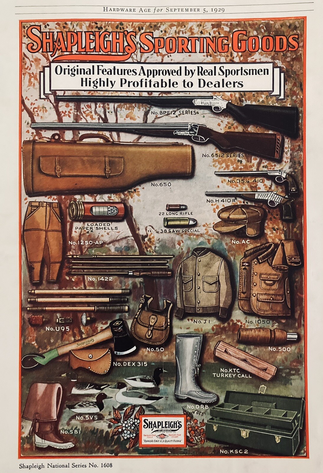 1929 AD(XH55)~SHAPLEIGH’S SPORTING GOODS, ST. LOUIS, MO. SERIES NO. 1608 AD.