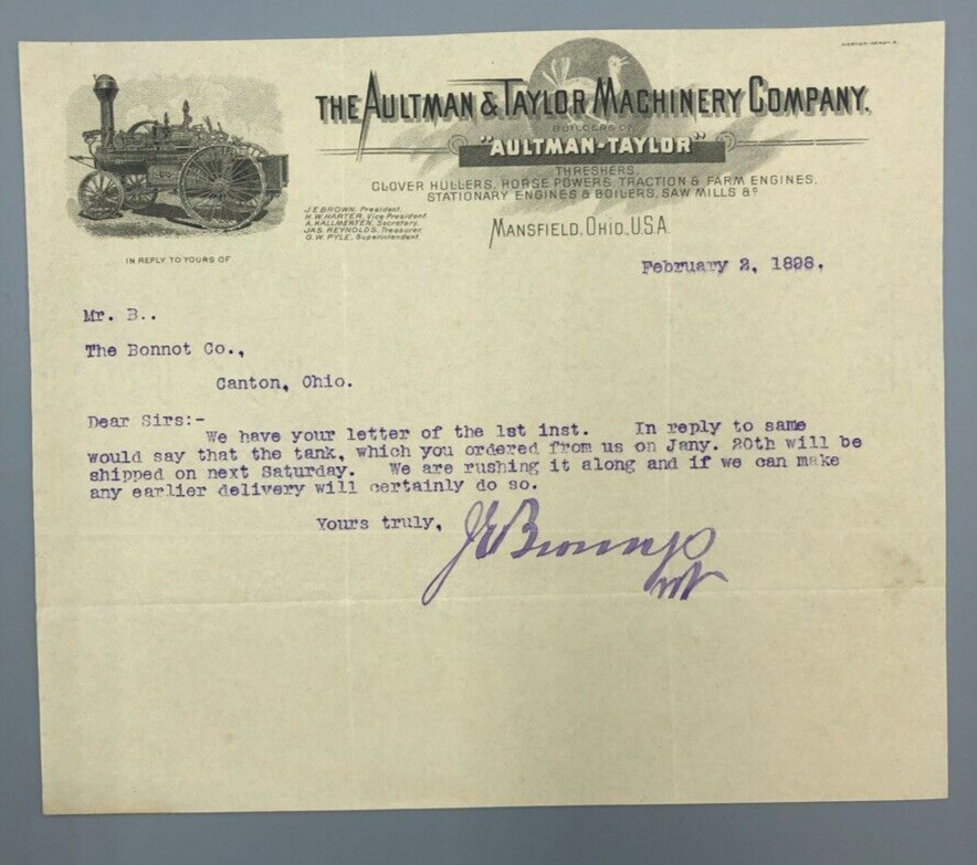 1898 AULTMAN TAYLOR Farm THRESHING Tractor ENGINE Letterhead Antique Advertising